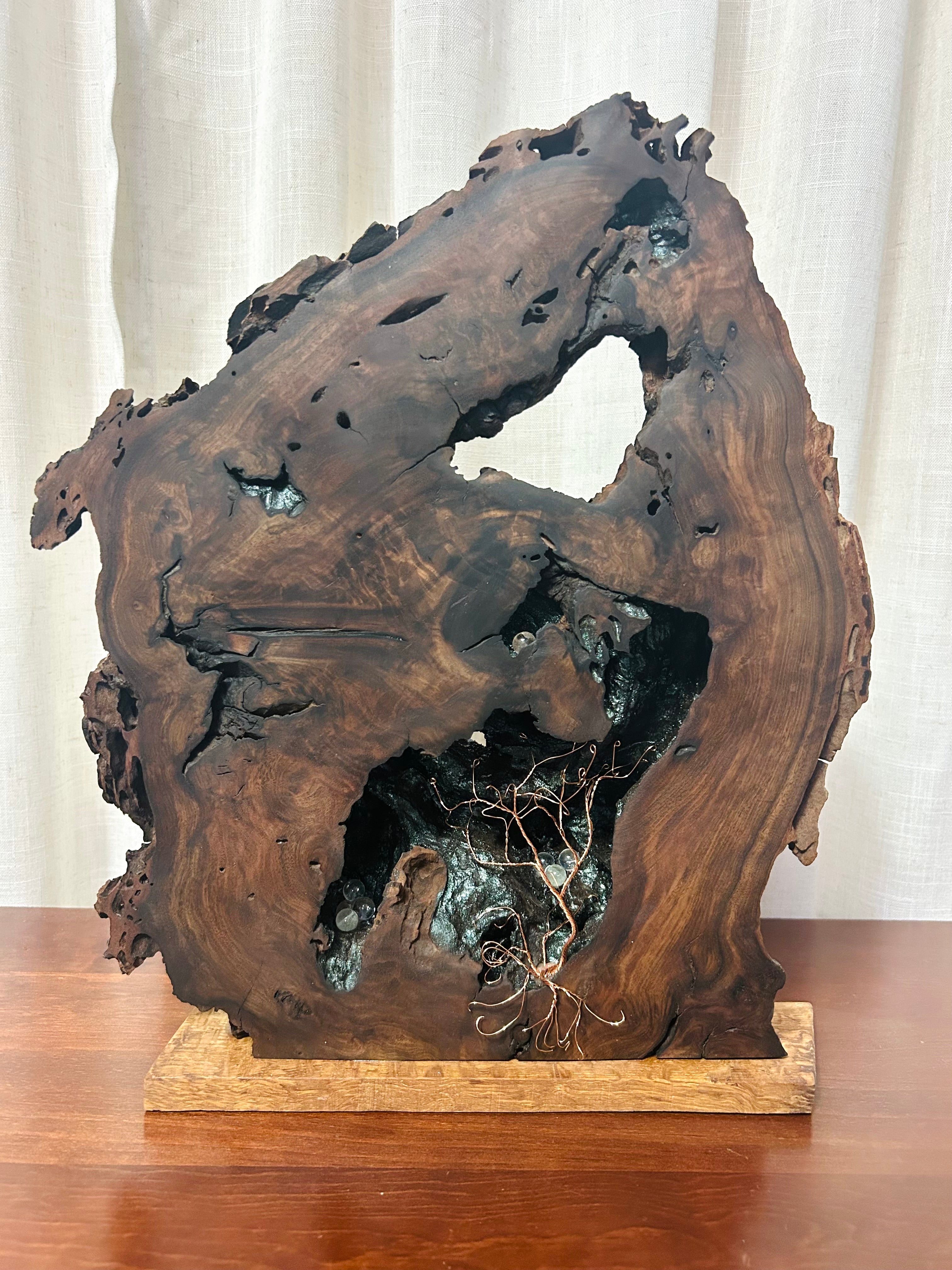 Live Edge Walnut Sculpture with Copper Tree