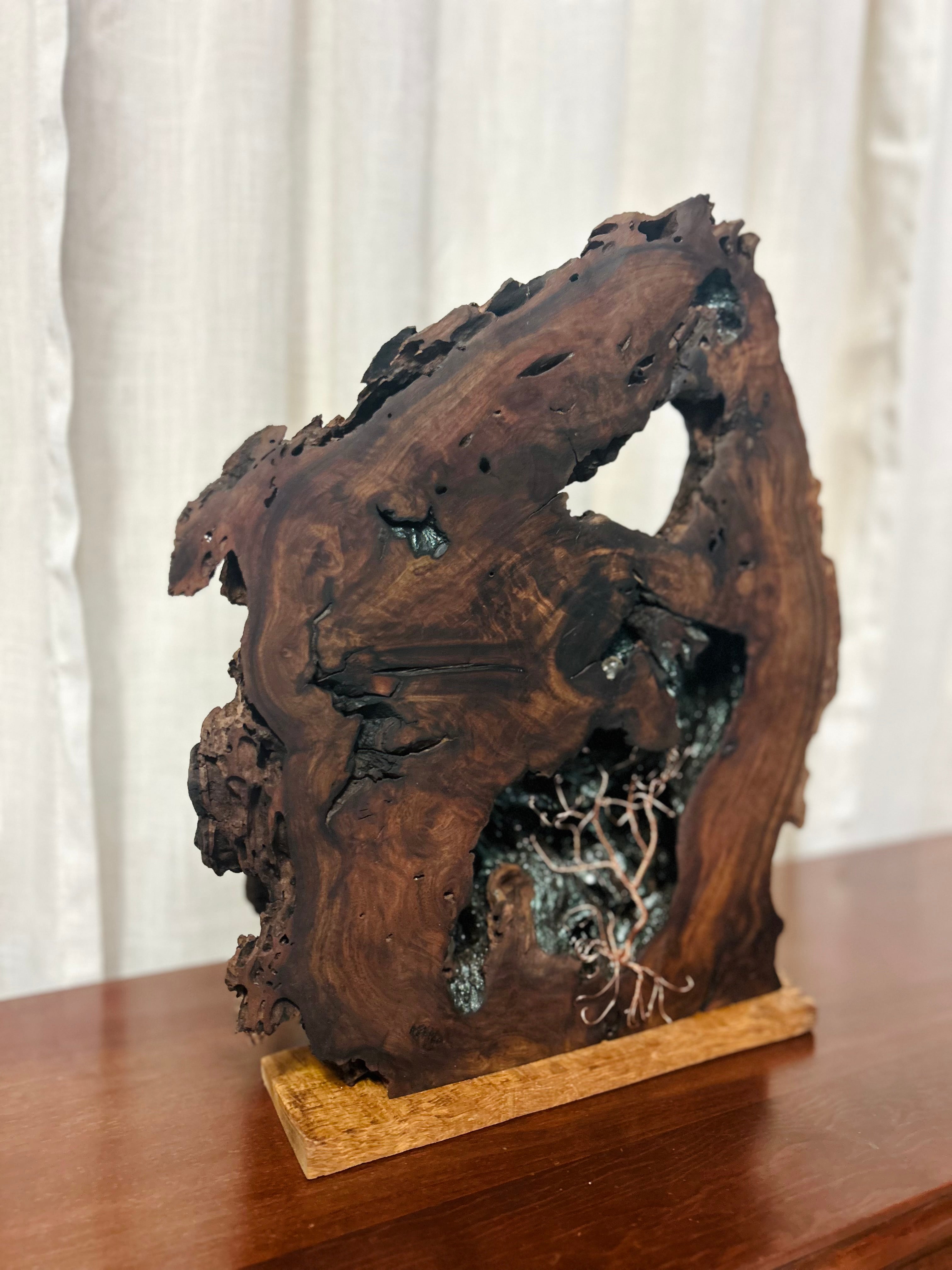 Live Edge Walnut Sculpture with Copper Tree