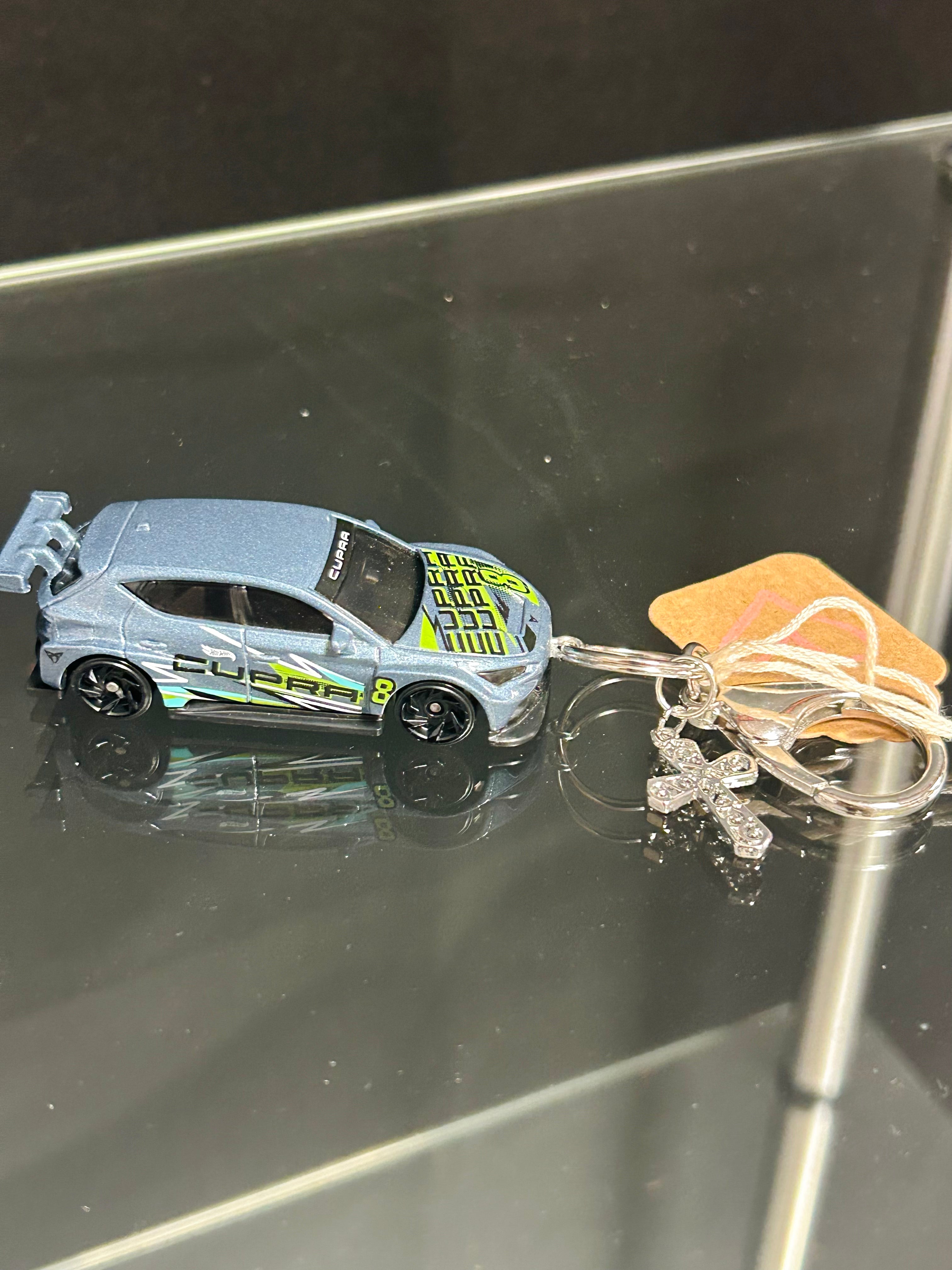 Silver Race Car Keychain with Cross Charm