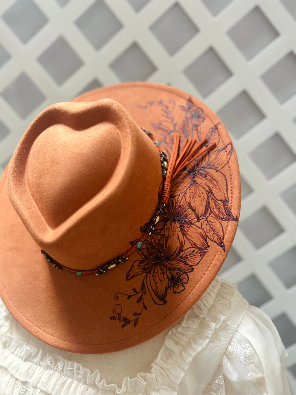 Hand-Burned Floral Western Hat with Turquoise Accent Band