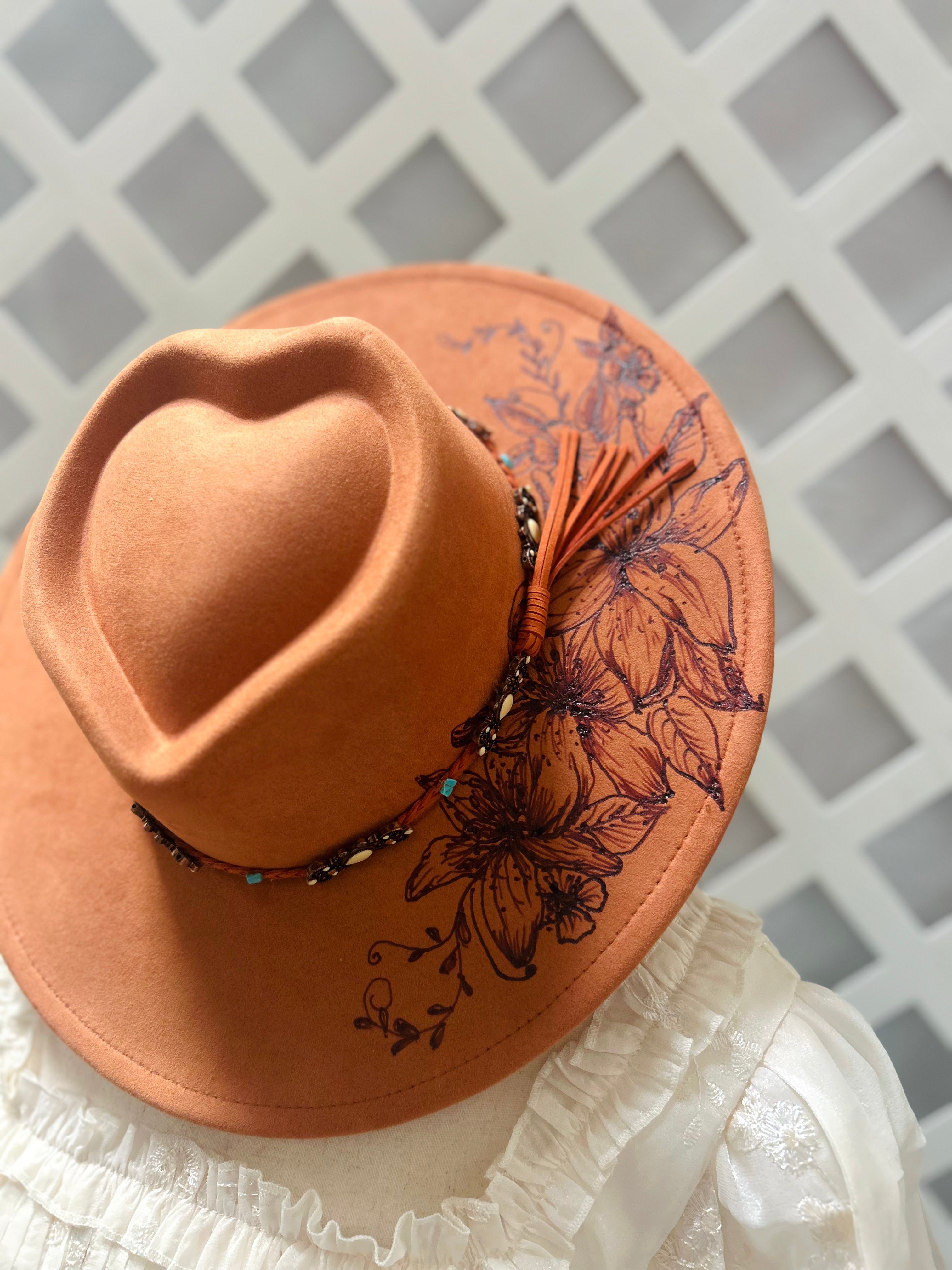Hand-Burned Floral Western Hat with Turquoise Accent Band