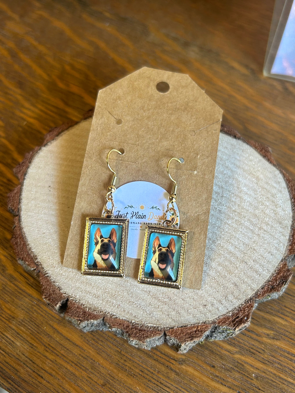 German Shepherd Portrait Dangle Earrings Gold Tone Dog Lover Jewelry