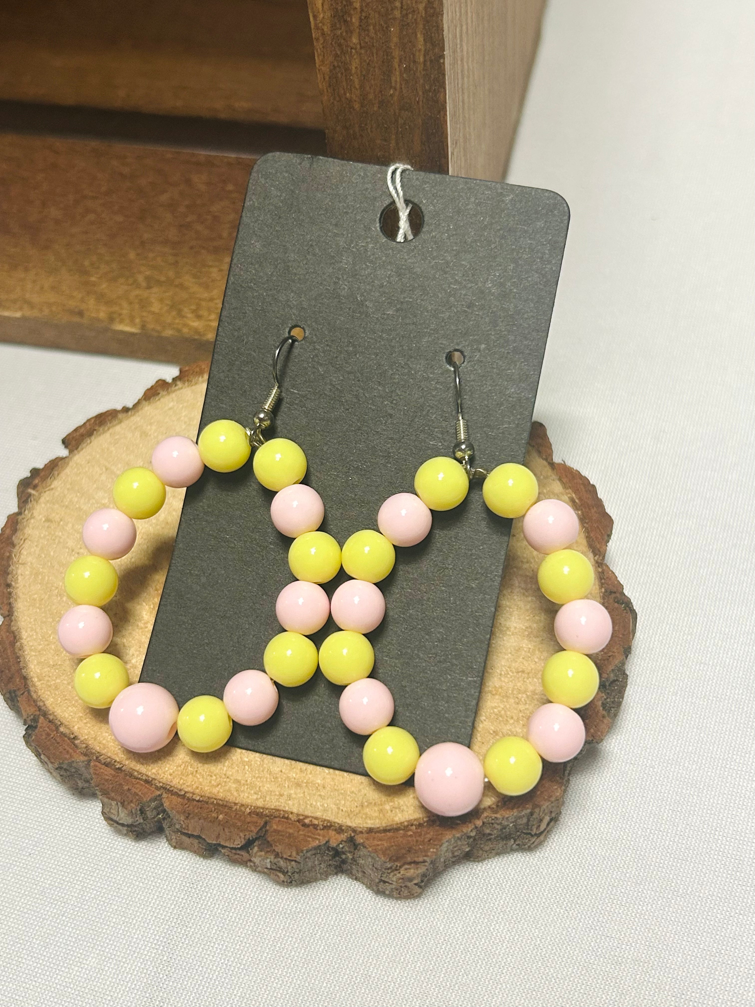 Handmade Beaded Hoop Earrings Pink and Yellow