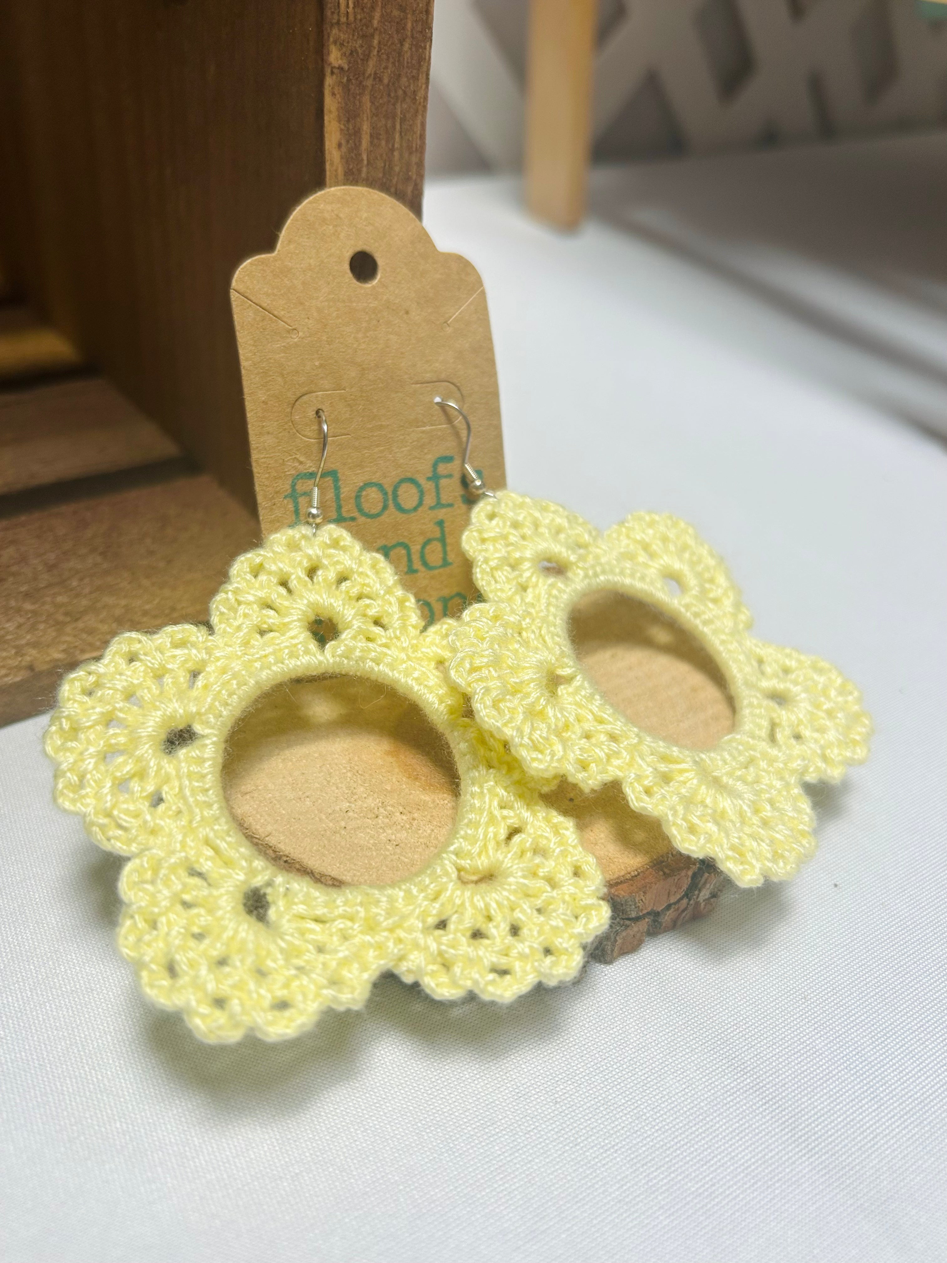 Handmade Crochet Flower Hoop Earrings Yellow Floral Dangle Earrings
