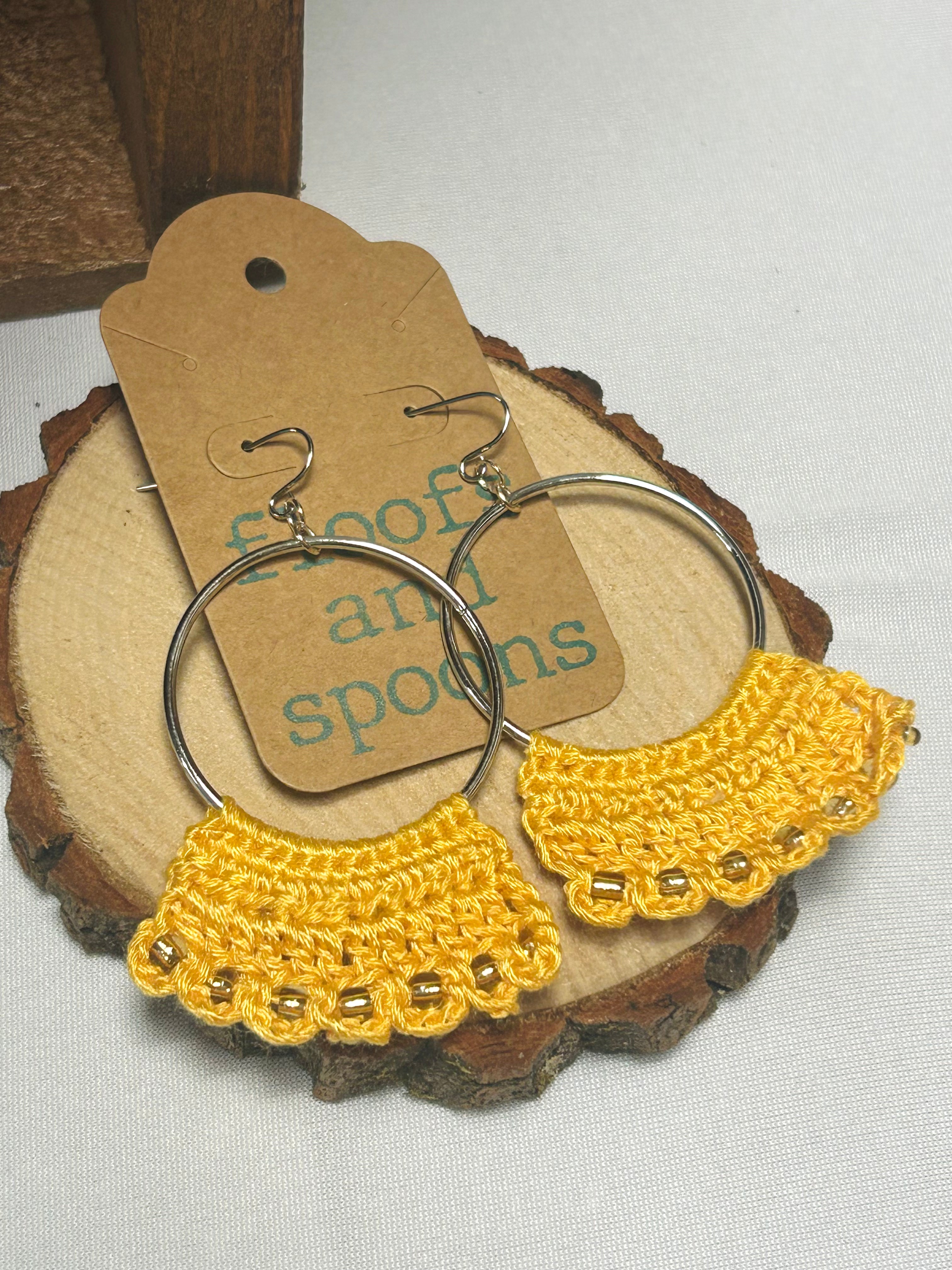 Mustard Yellow Crochet Hoop Earrings with Gold Bead Accents