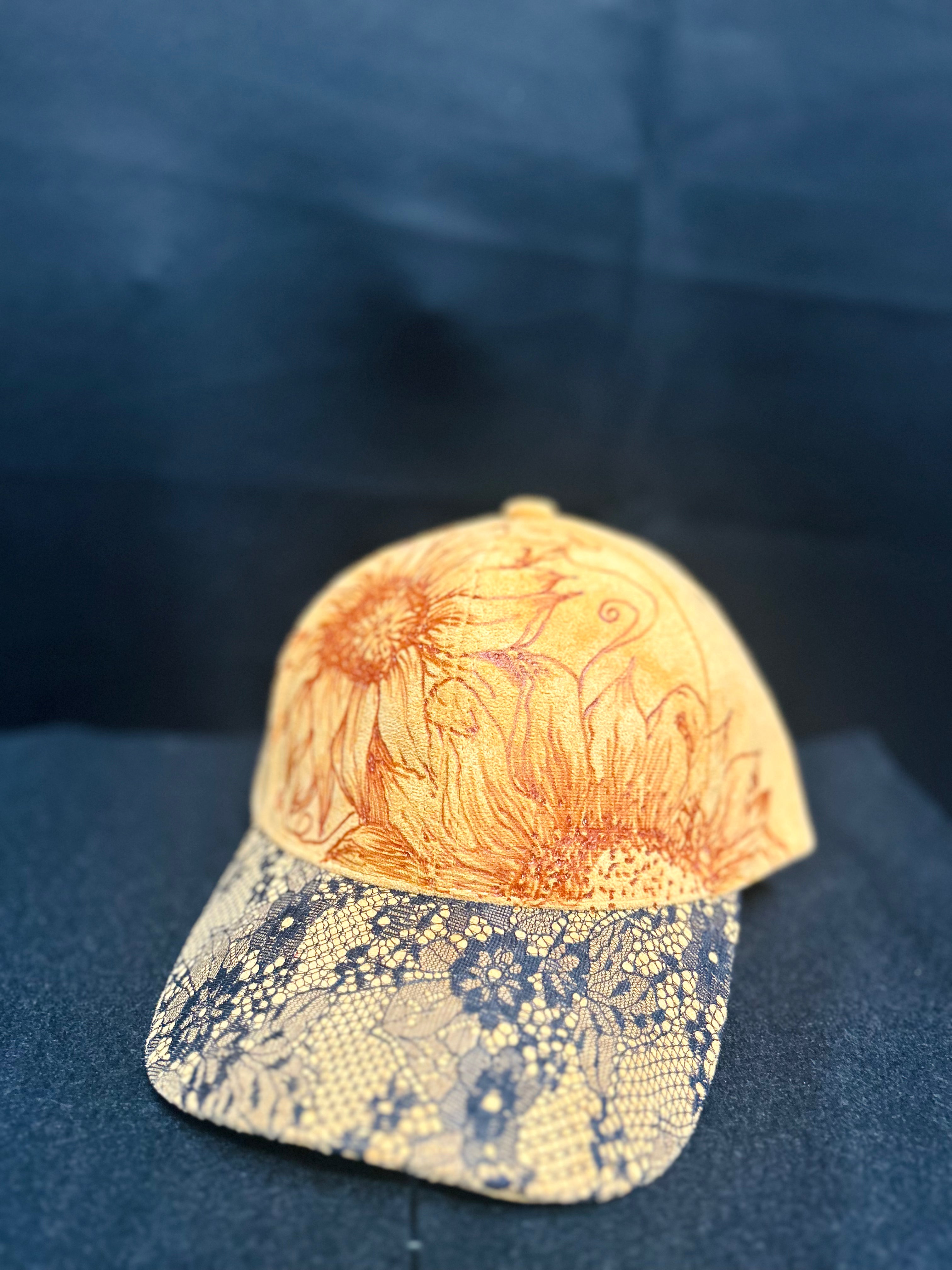 Hand Burned Sunflower Faux Suede Baseball Cap Mustard Yellow Lace Brim One of a Kind Fall Hat