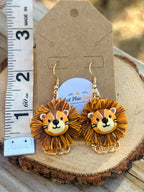 Lion Pom-Pom Dangle Earrings Brown & Golden Yellow