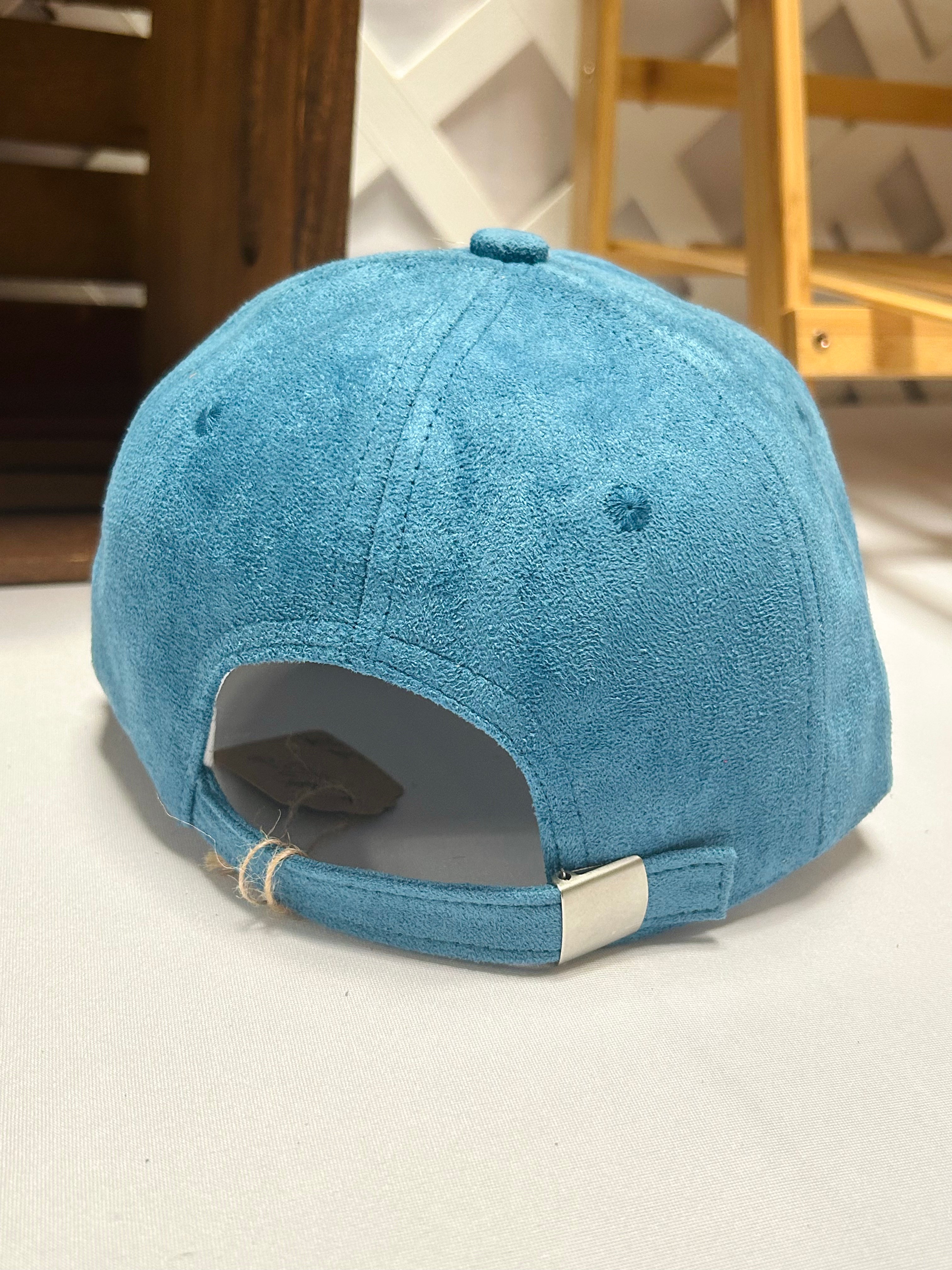 Hand-Burned Floral Blue Faux Suede Hat with Lace Brim
