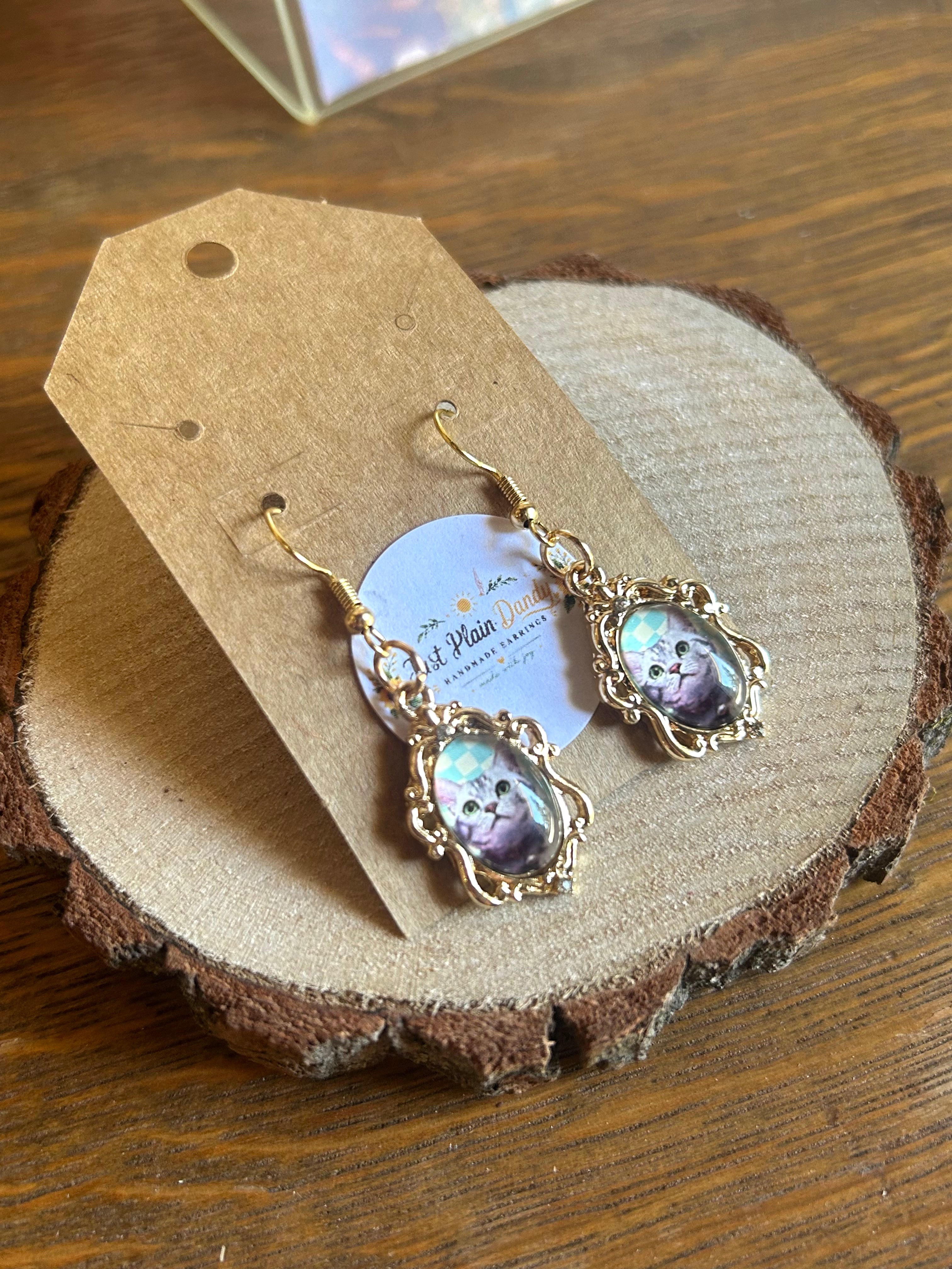 Whimsical Cat Portrait Dangle Earrings Gold Tone Ornate Frame