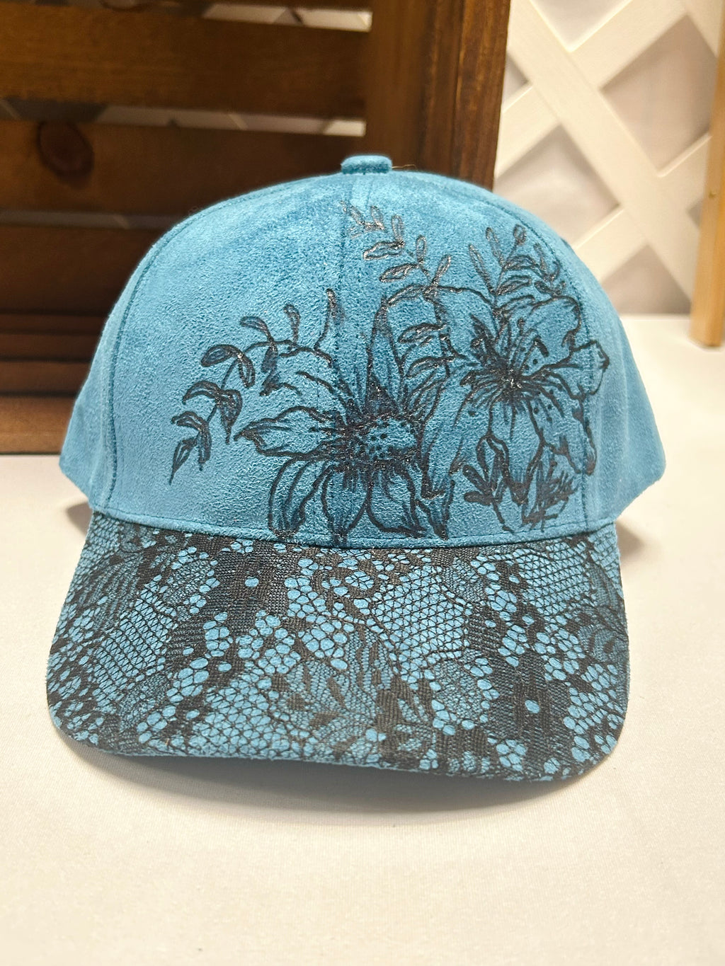 Hand-Burned Floral Blue Faux Suede Hat with Lace Brim