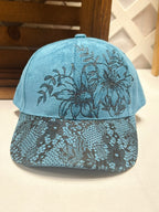 Hand-Burned Floral Blue Faux Suede Hat with Lace Brim