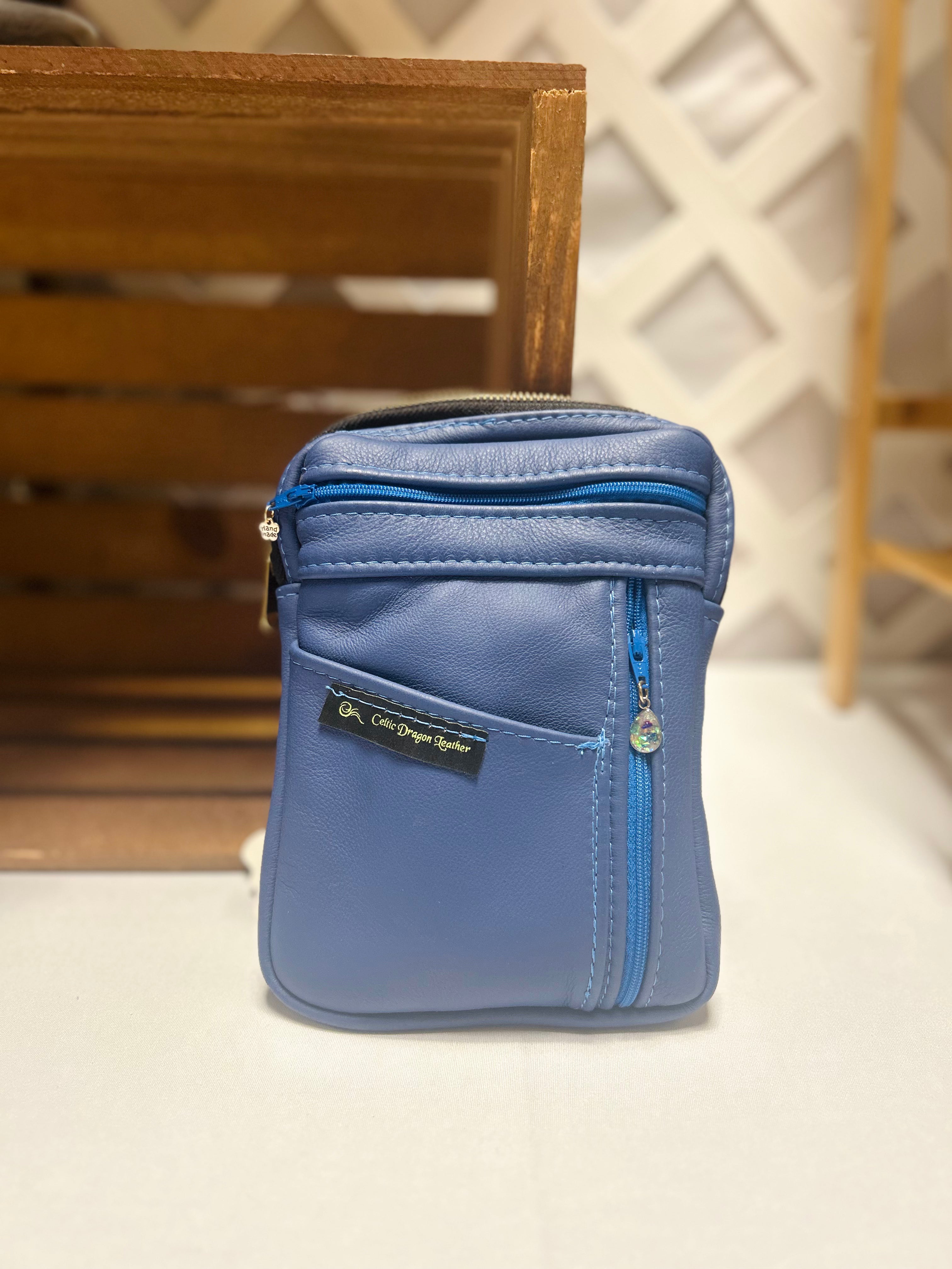 Handcrafted Blue Leather Crossbody Bag Artisan Mini Crossbody Purse