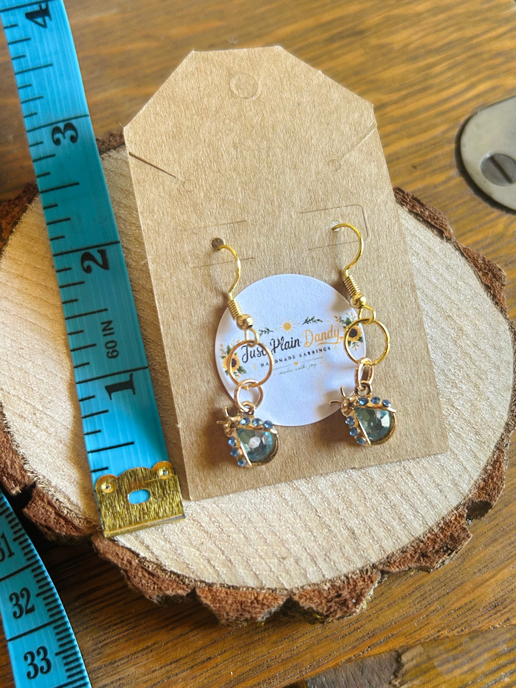 Blue Rhinestone Ladybug Gold Dangle Earrings
