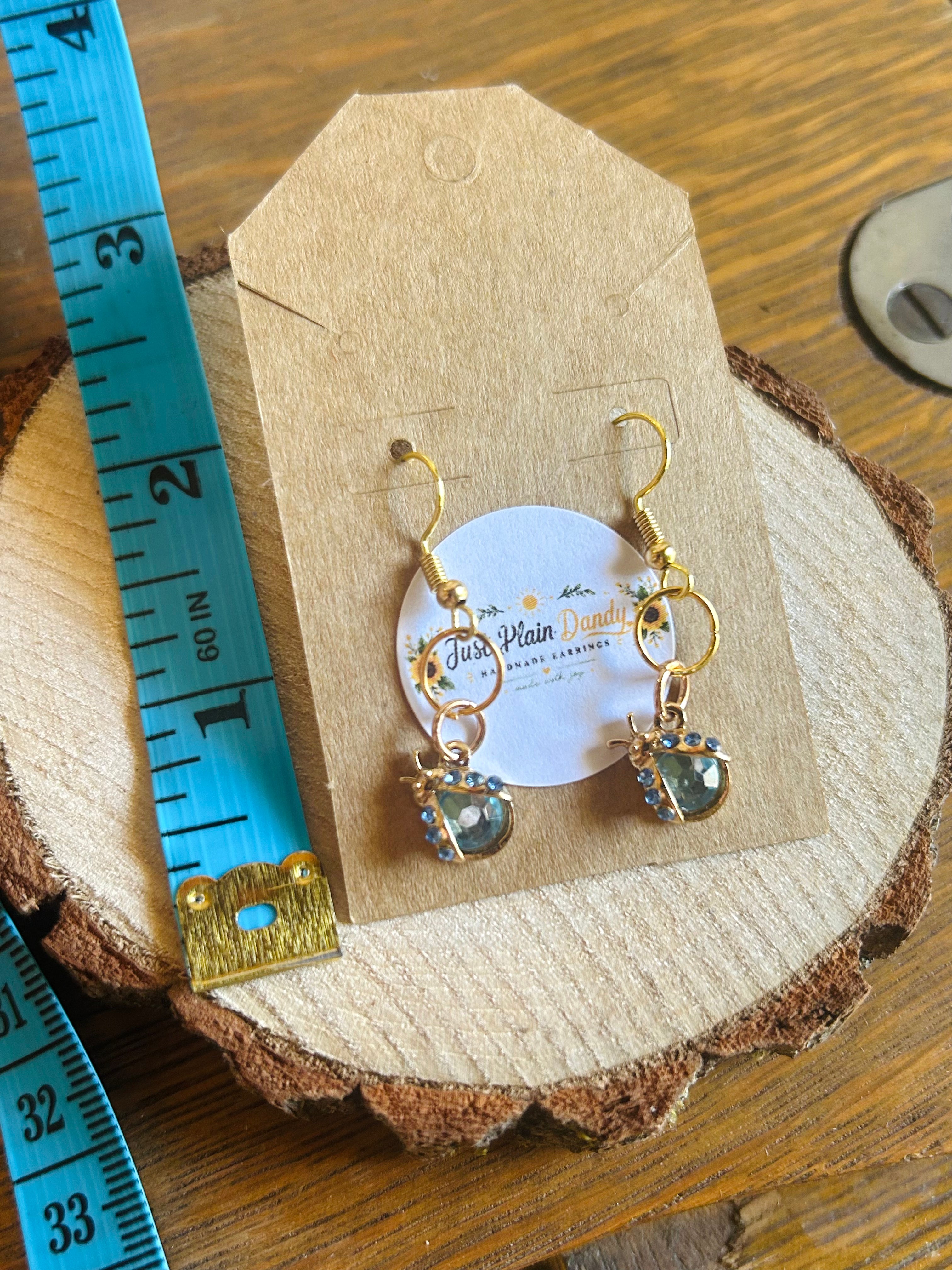 Blue Rhinestone Ladybug Gold Dangle Earrings