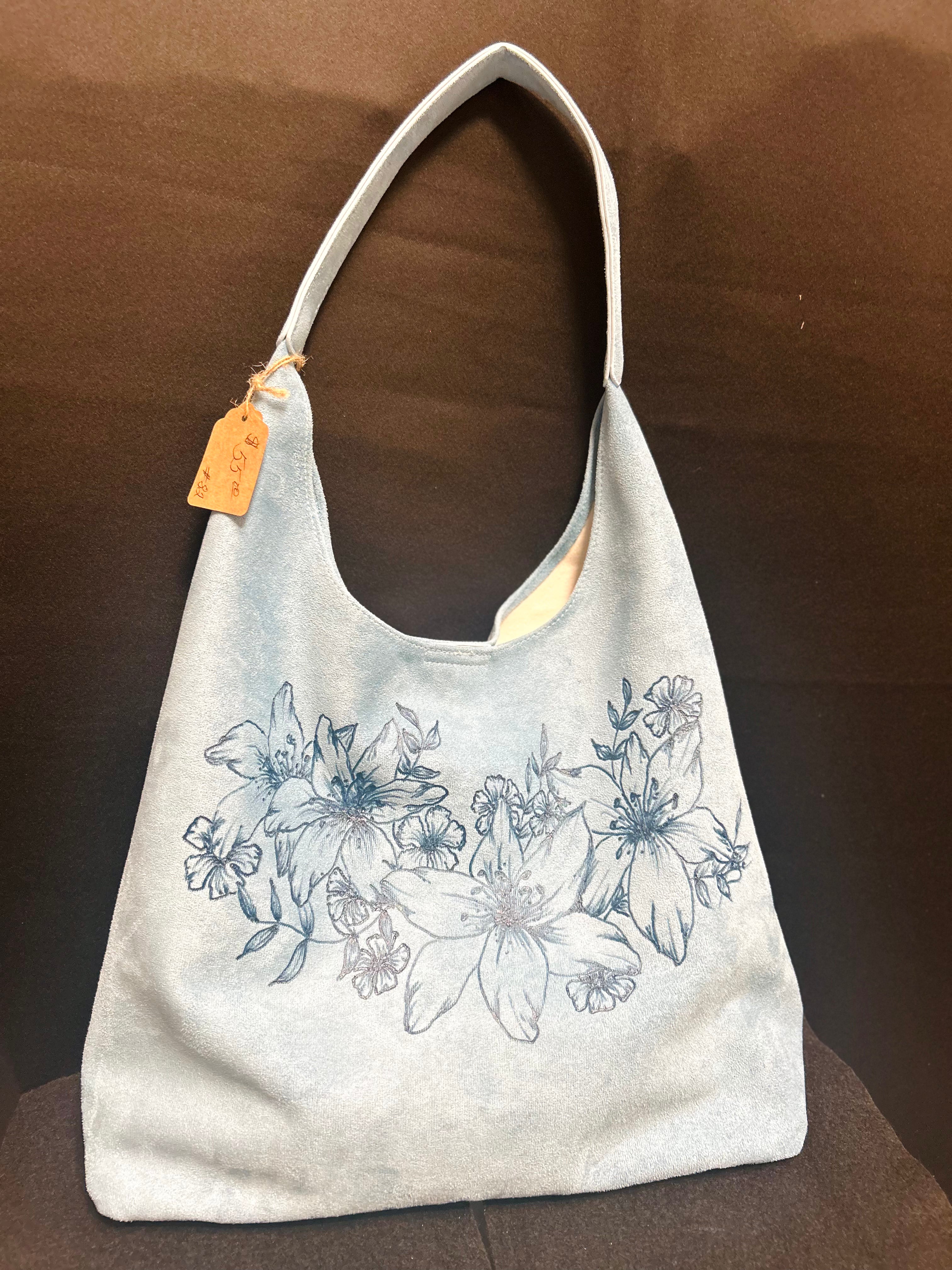 Hand-Burned Daylily Faux Suede Shoulder Bag with Matching Zipper Clutch