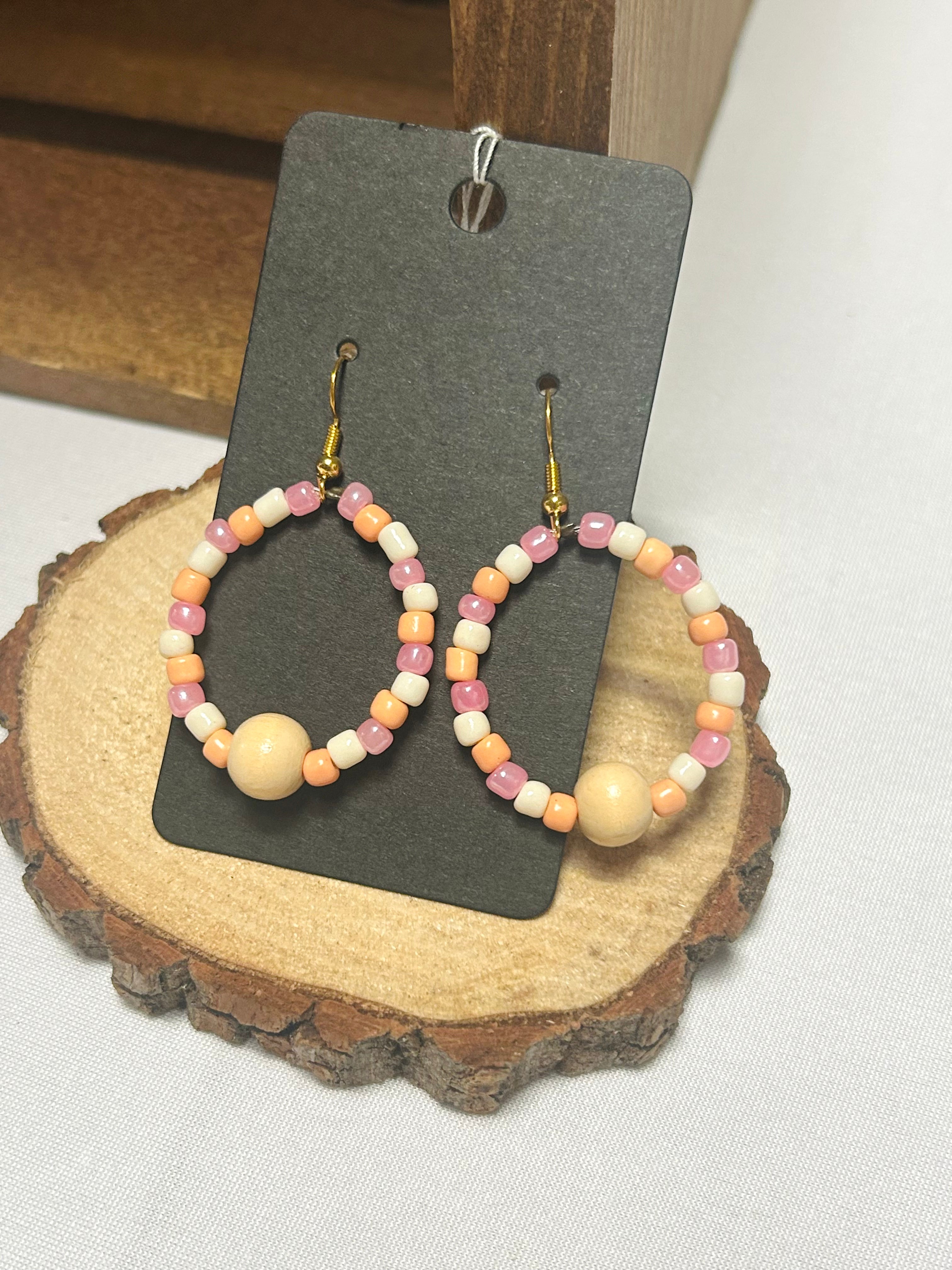 Handmade Beaded Hoop Earrings – Pink, Peach and Cream