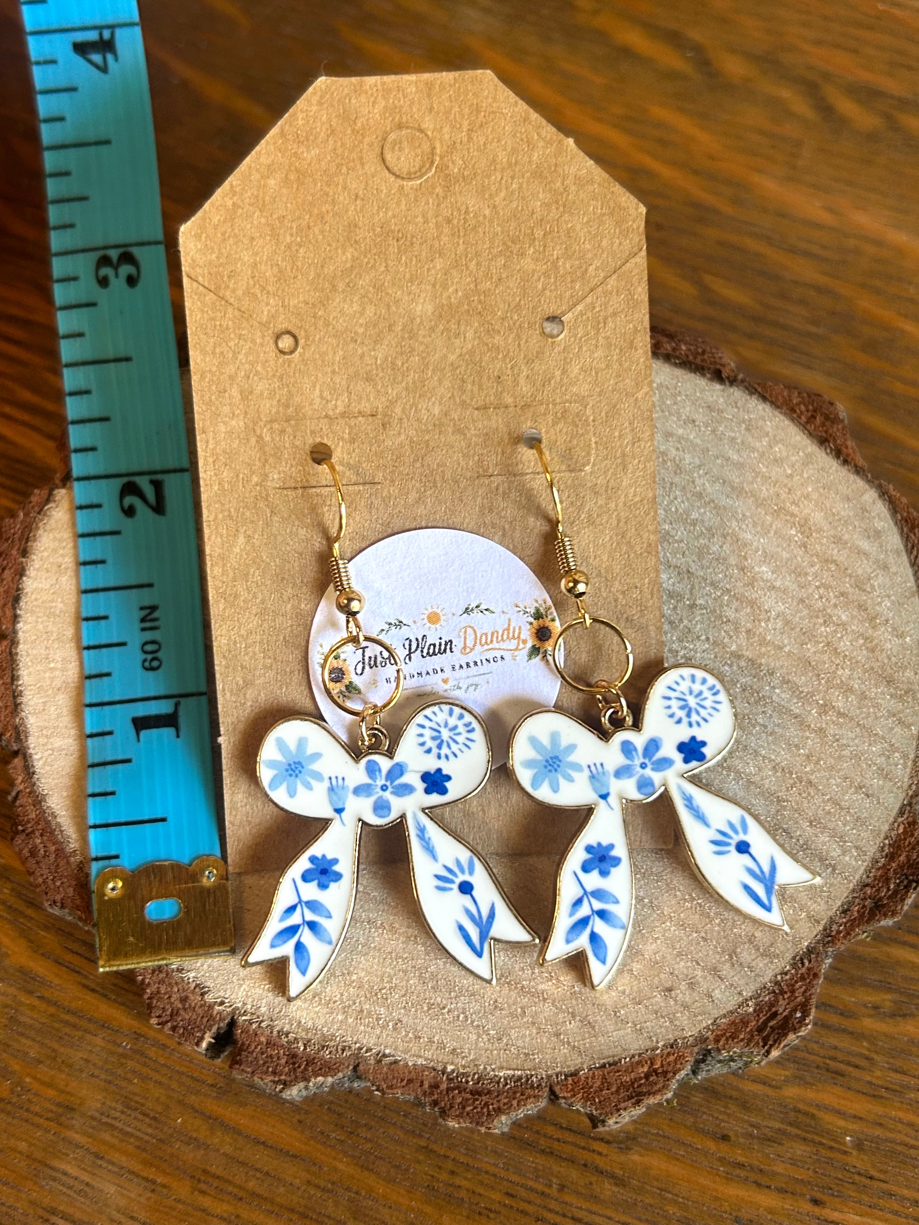 Blue & White Floral Bow Dangle Earrings with Gold-Tone Accents