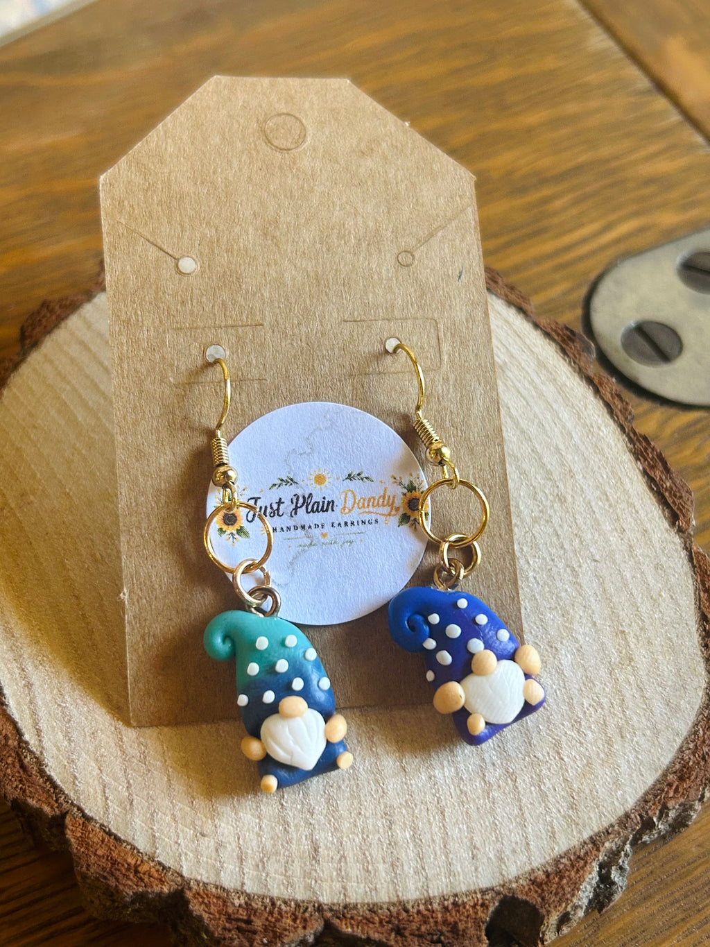Blue & Teal Gnome Dangle Earrings Whimsical Polka Dot Gnome Jewelry