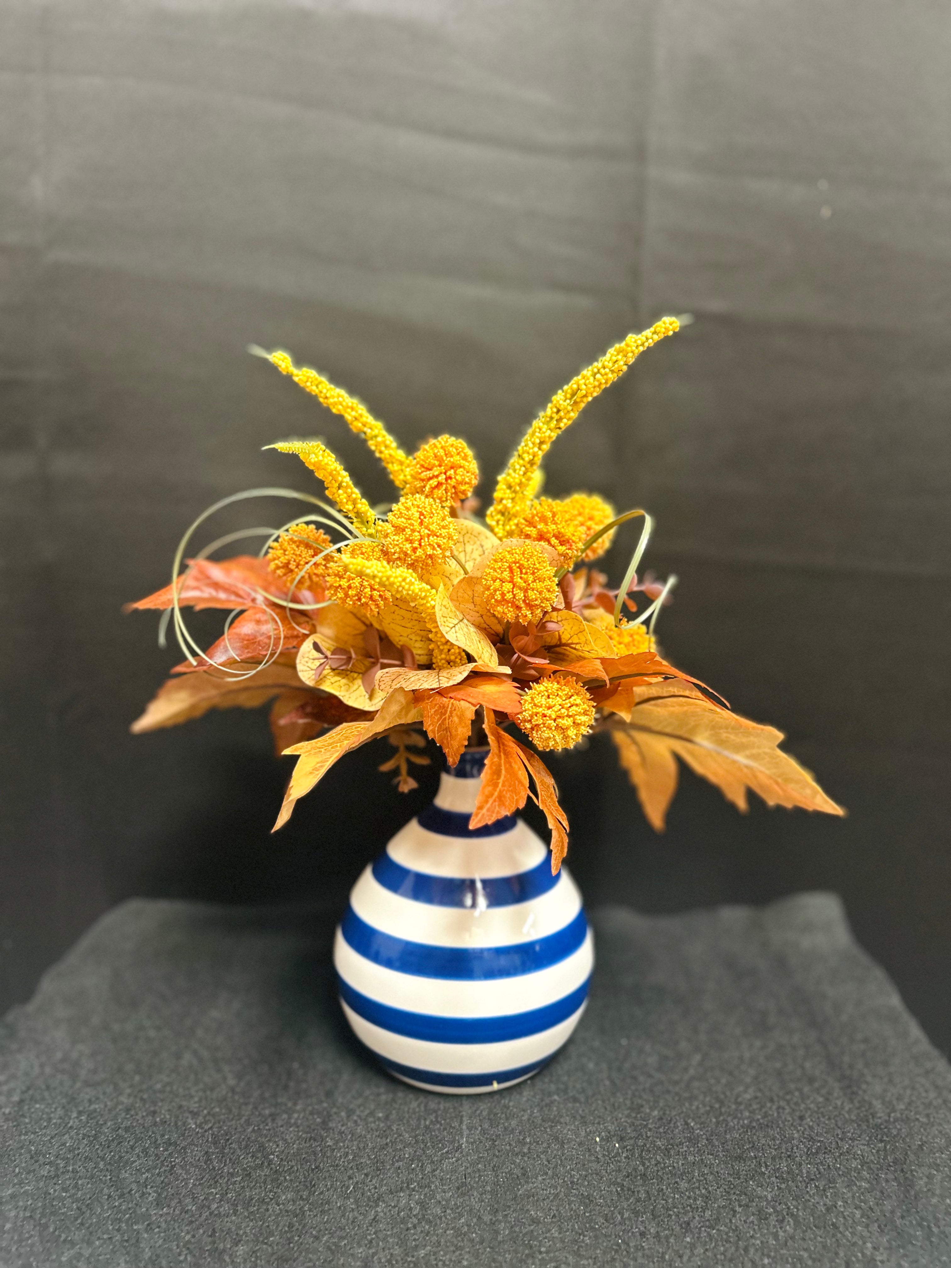 Autumn Floral Arrangement in Blue & White Ceramic Vase