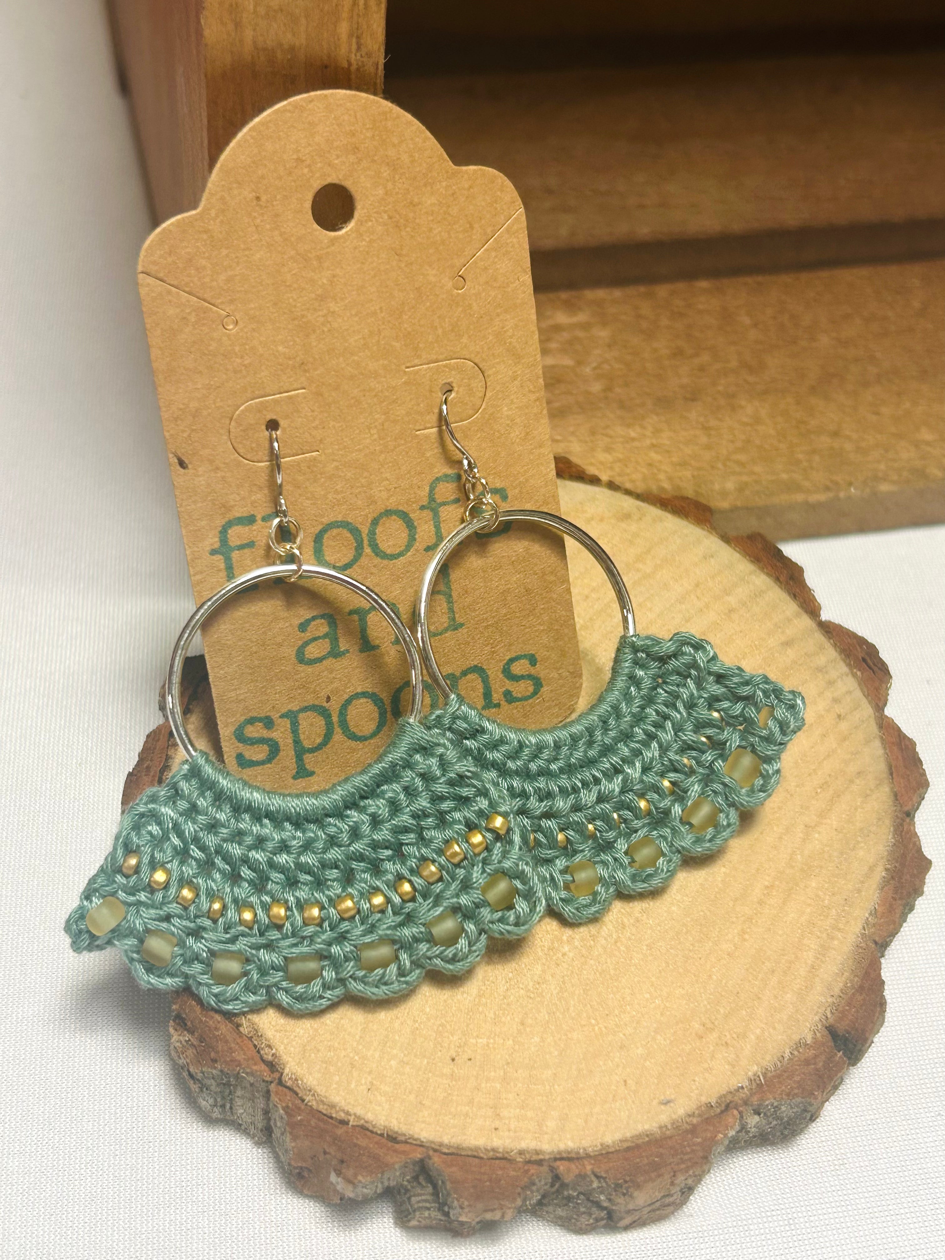 Sage Green Beaded Crochet Hoop Earrings