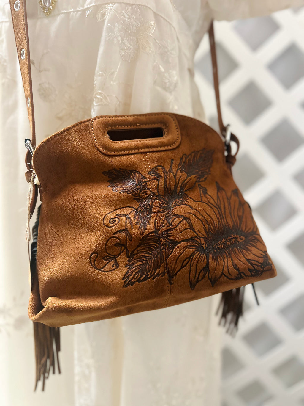Hand-Burned Sunflower Crossbody Bag with Fringe
