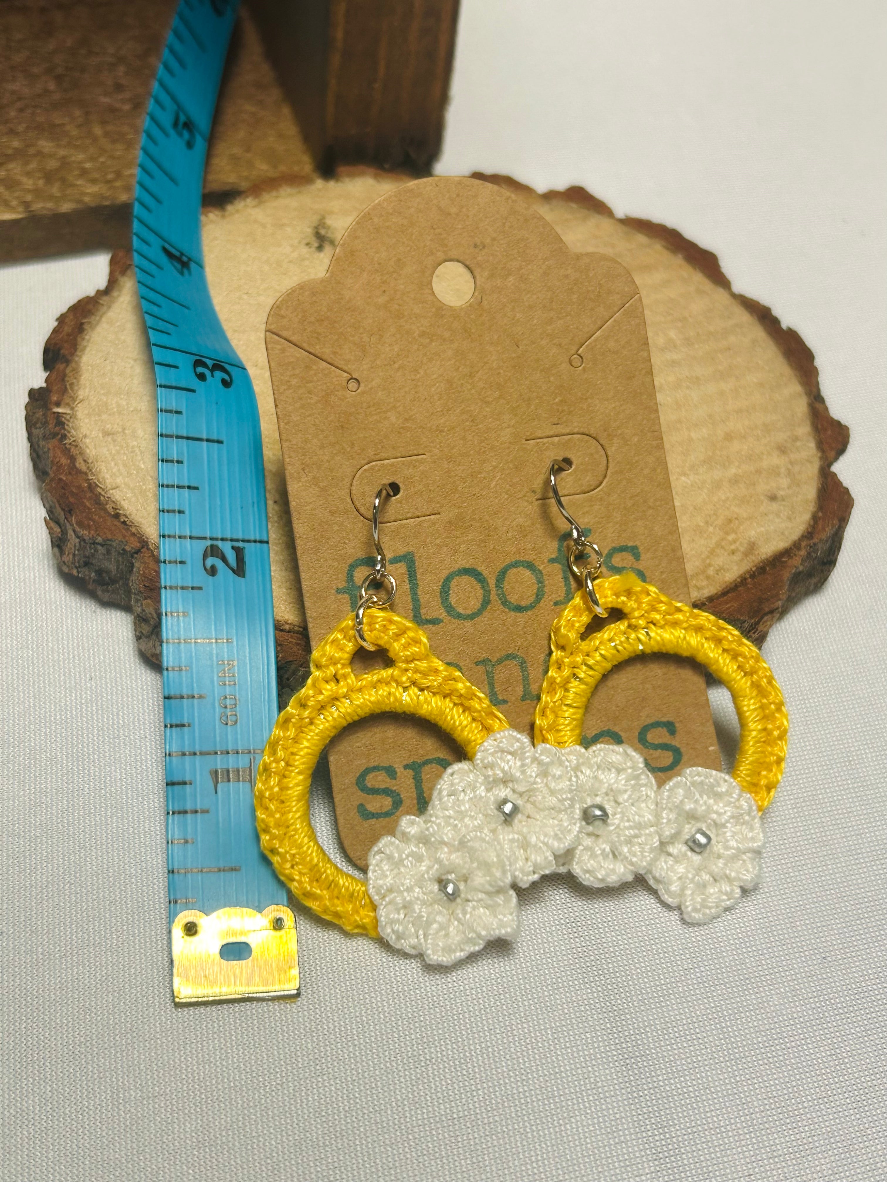 Handmade Crochet Daisy Hoop Earrings Yellow & White Floral Dangle Earrings