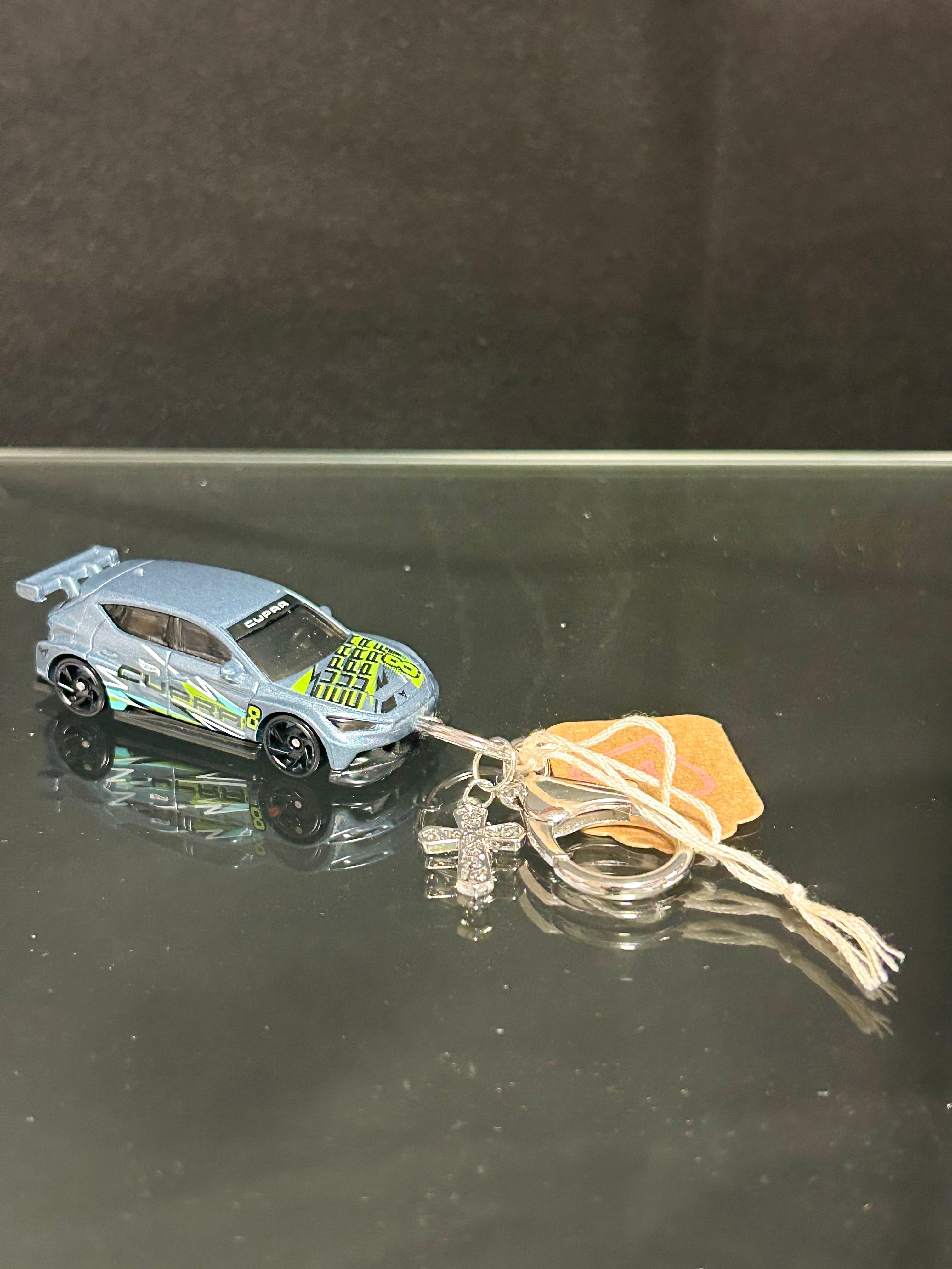 Silver Race Car Keychain with Cross Charm