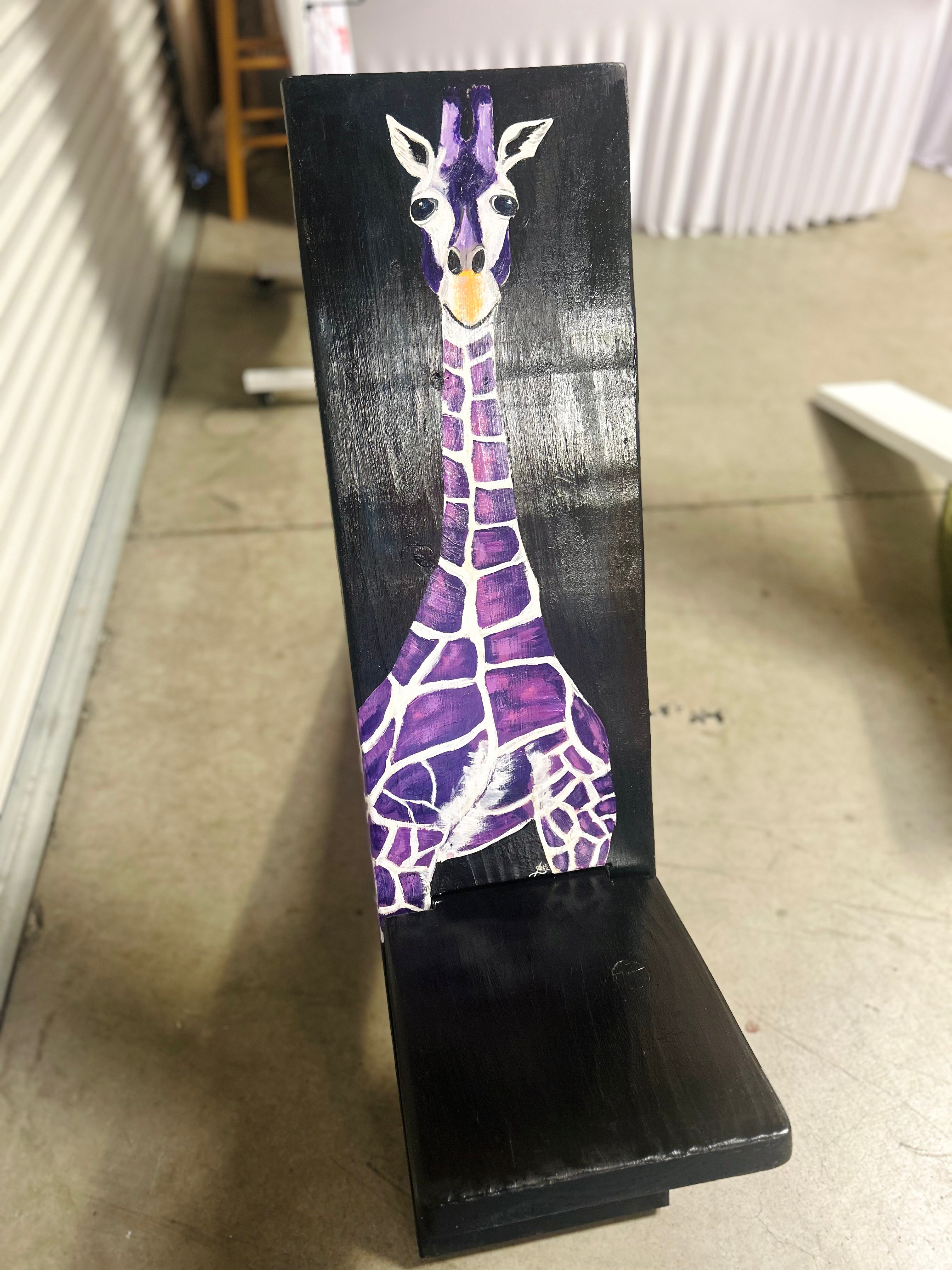 Hand-Painted Purple Giraffe Viking Chair Handcrafted Wooden Accent Chair
