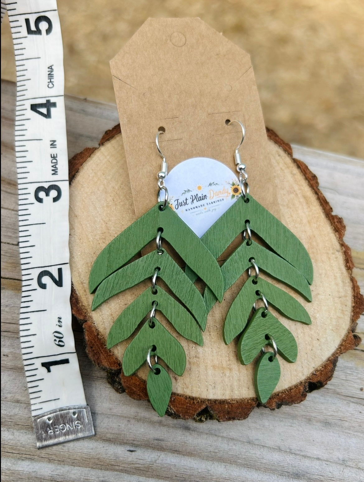 Sage Green Layered Wooden Leaf Dangle Earrings