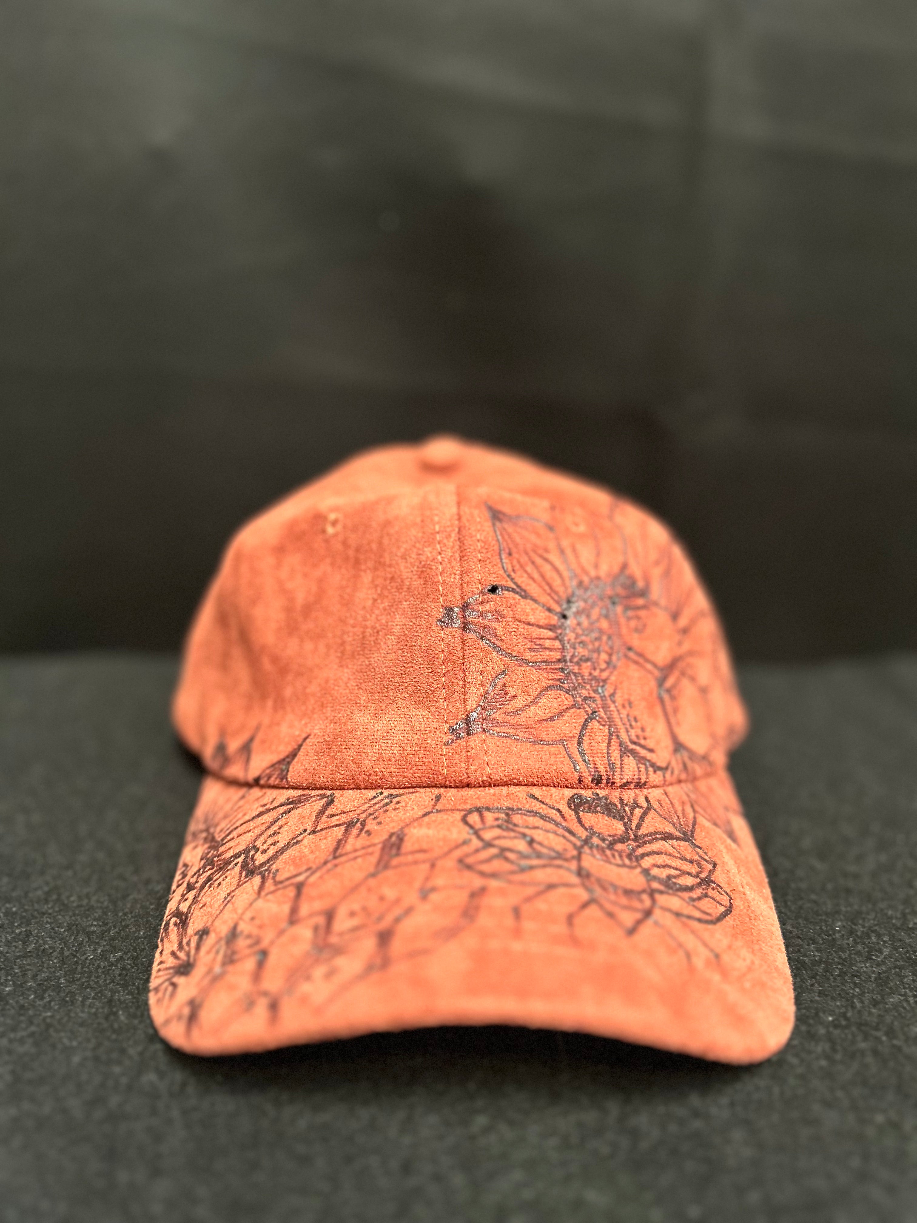 Rust Floral Pyrography Faux Suede Baseball Hat Adjustable