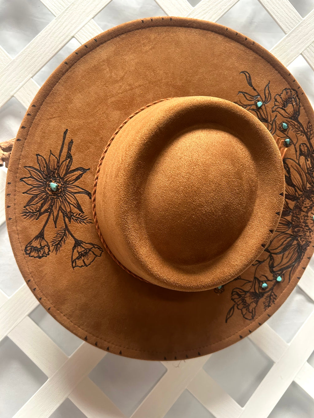 Camel Brown Wide Brim Floral Pyrography Hat with Turquoise Accents