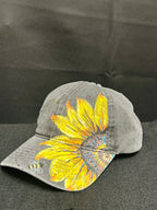 Hand Painted Sunflower Baseball Cap with Bees Gray Cotton Hat One of a Kind Floral Art