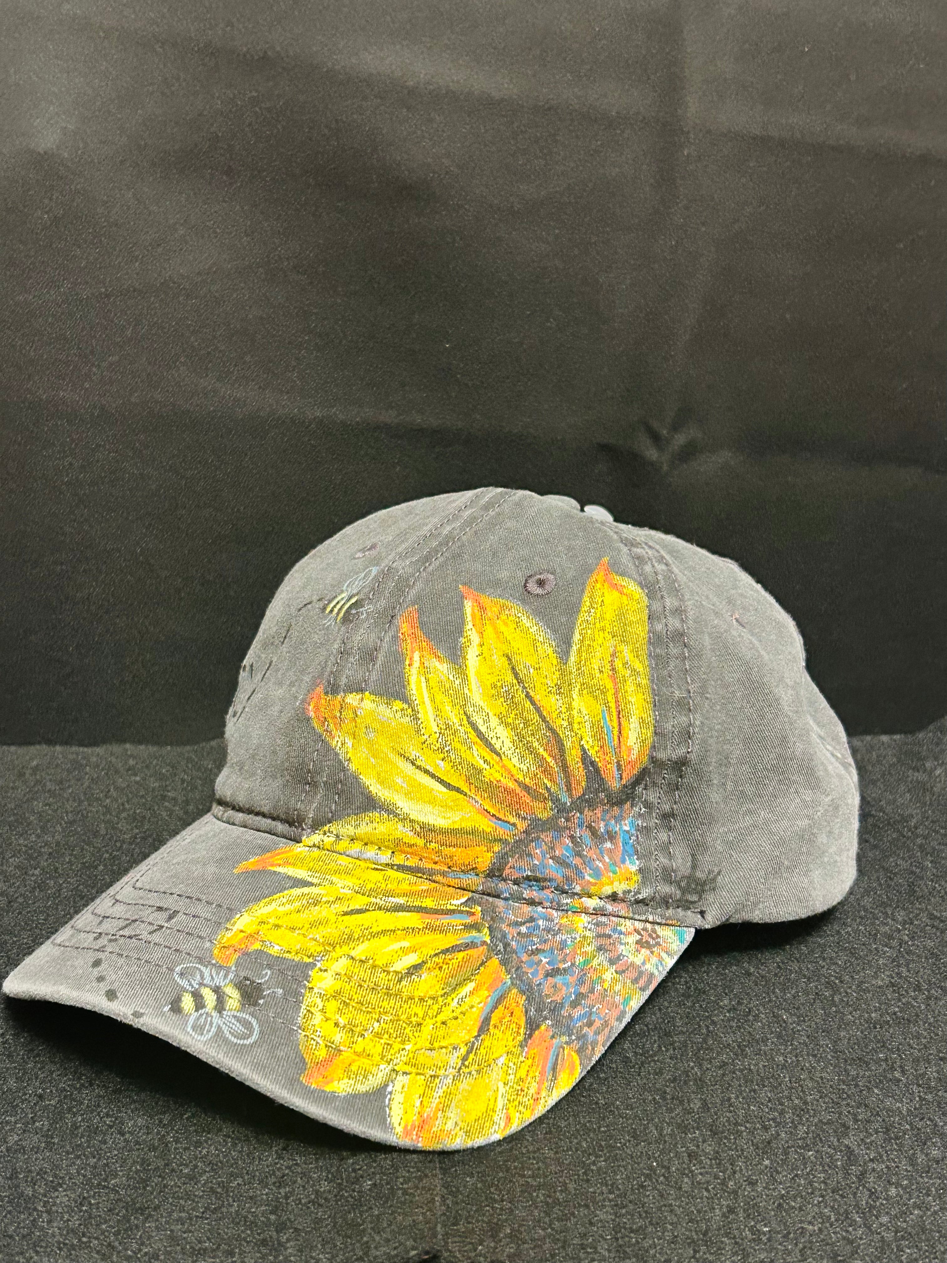 Hand Painted Sunflower Baseball Cap with Bees Gray Cotton Hat One of a Kind Floral Art