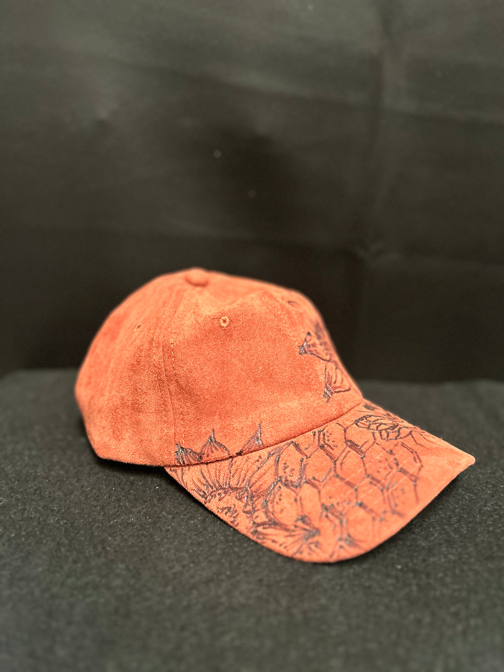 Rust Floral Pyrography Faux Suede Baseball Hat Adjustable