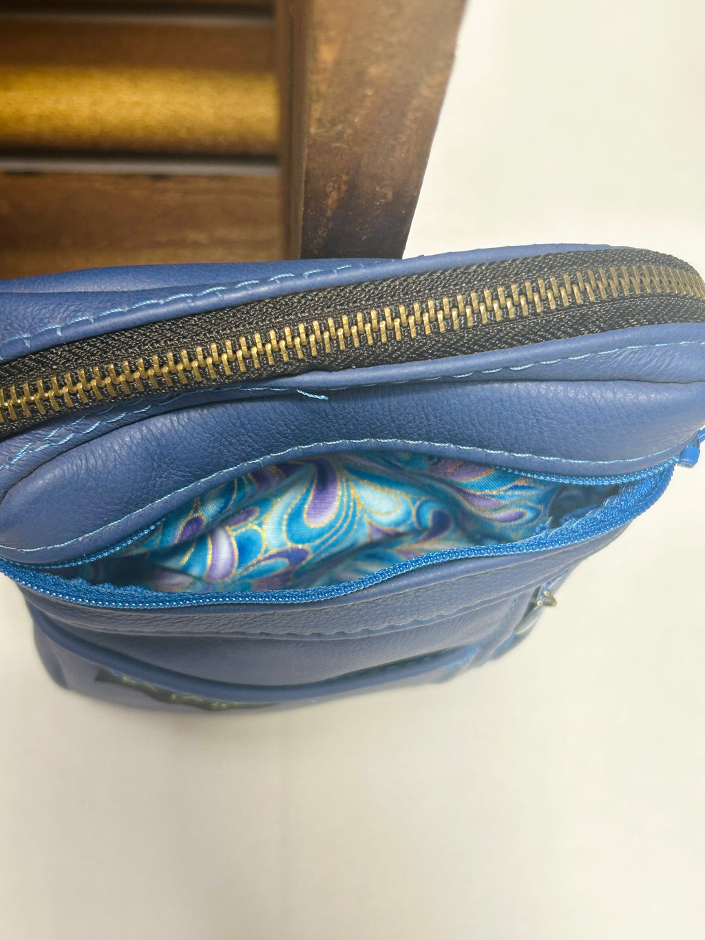 Handcrafted Blue Leather Crossbody Bag Artisan Mini Crossbody Purse