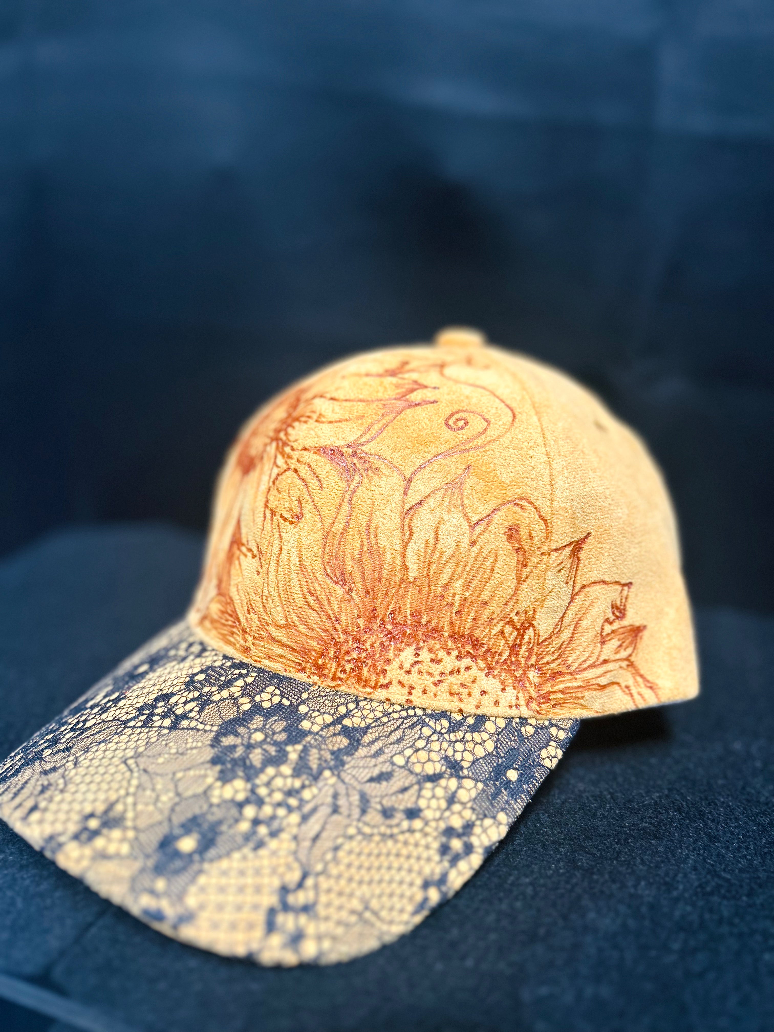 Hand Burned Sunflower Faux Suede Baseball Cap Mustard Yellow Lace Brim One of a Kind Fall Hat