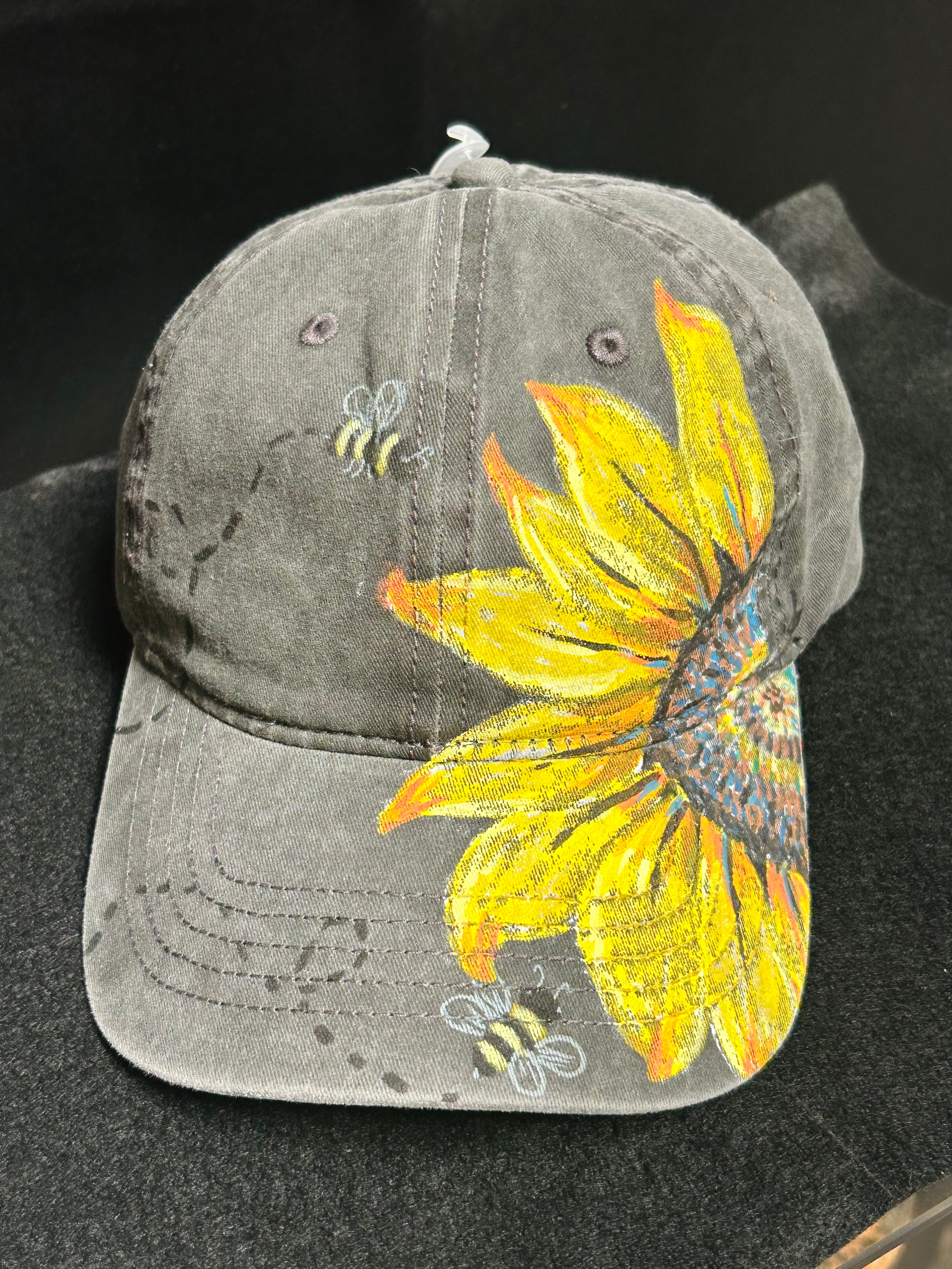 Hand Painted Sunflower Baseball Cap with Bees Gray Cotton Hat One of a Kind Floral Art