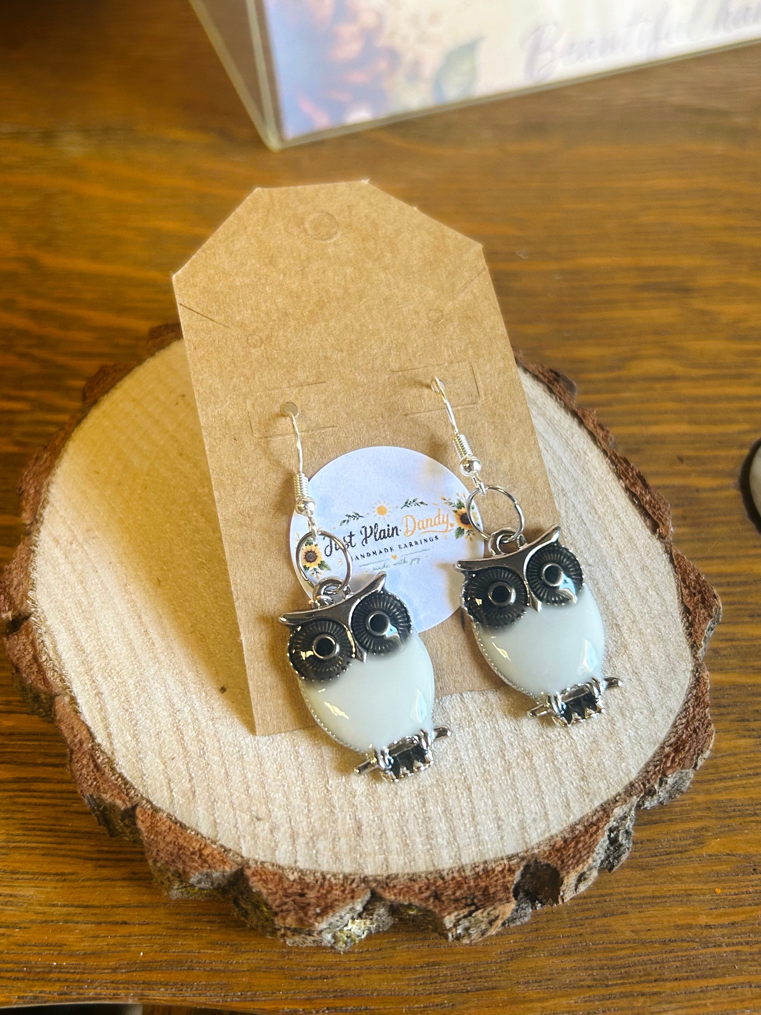 Black & White Owl Dangle Earrings – Silver Tone Woodland Jewelry