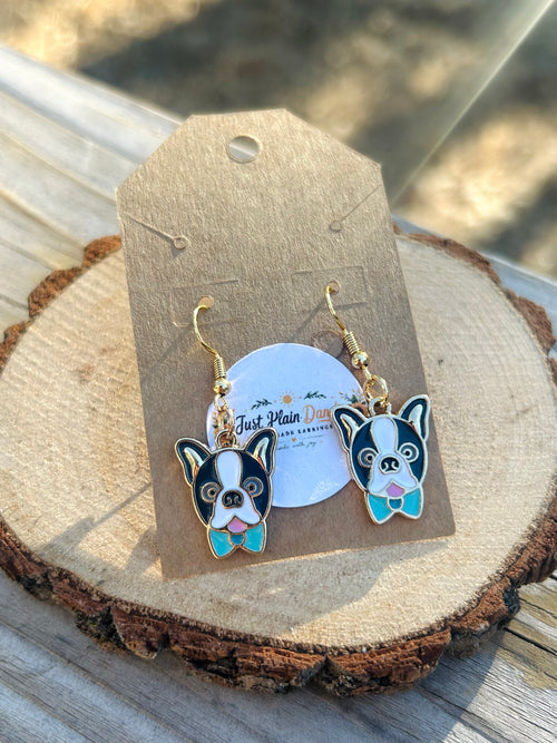 Black & White Dog Bow Tie Dangle Earrings