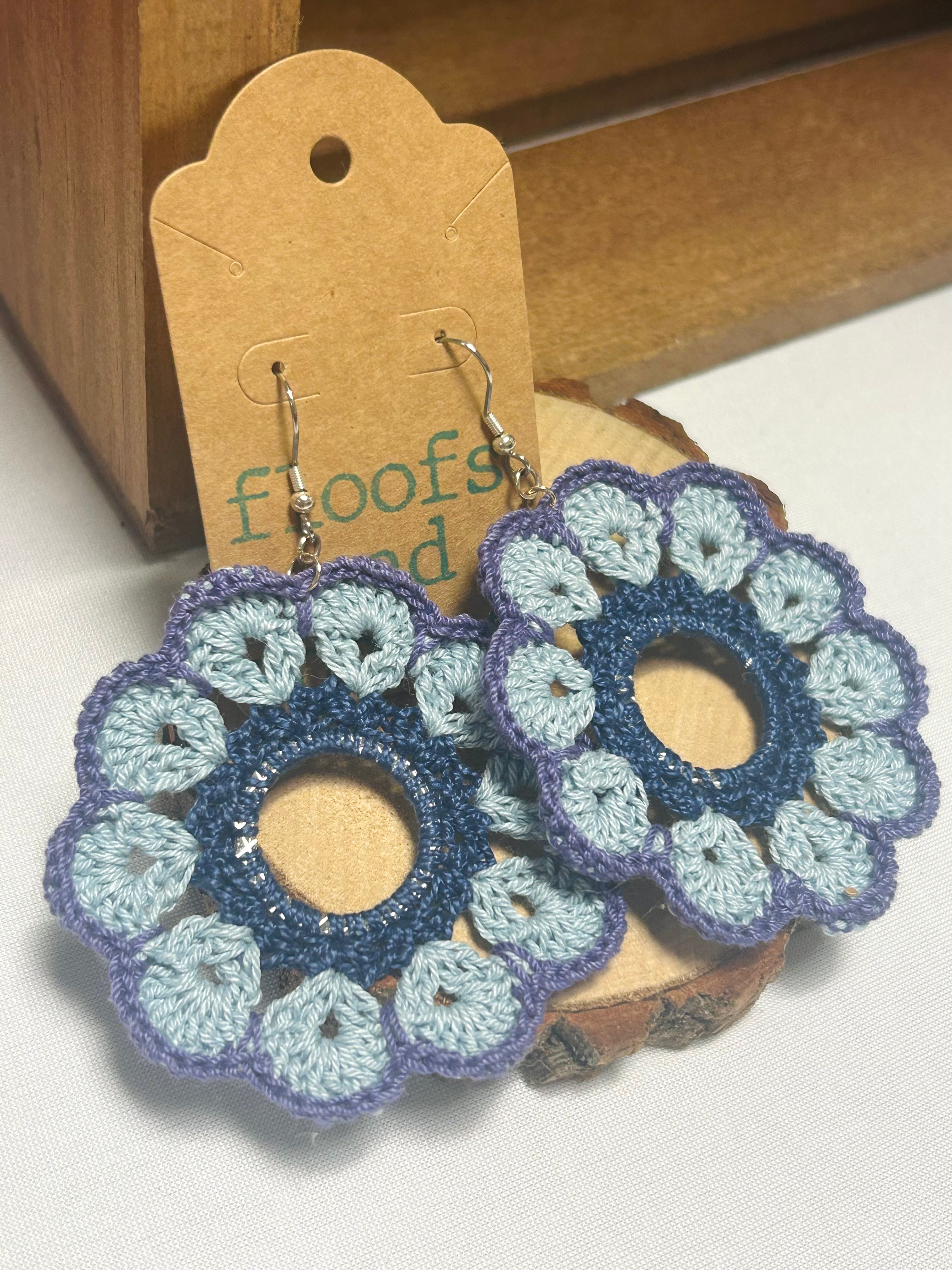 Blue & Lavender Crochet Flower Dangle Earrings