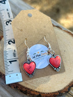 Coral Red Heart Western Dangle Earrings with Silver Floral Detail