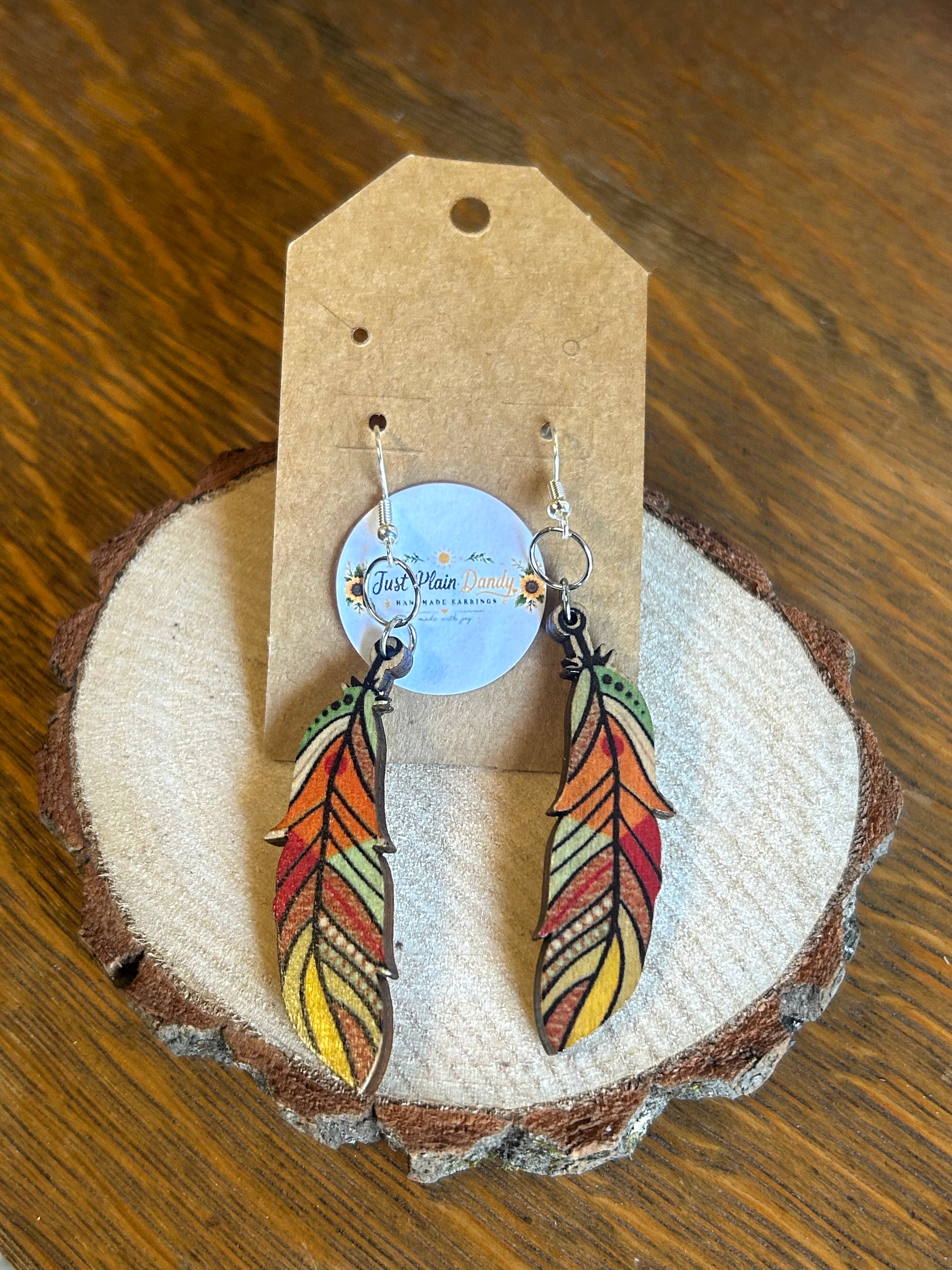 Colorful Boho Feather Dangle Earrings Fall Autumn Statement Jewelry