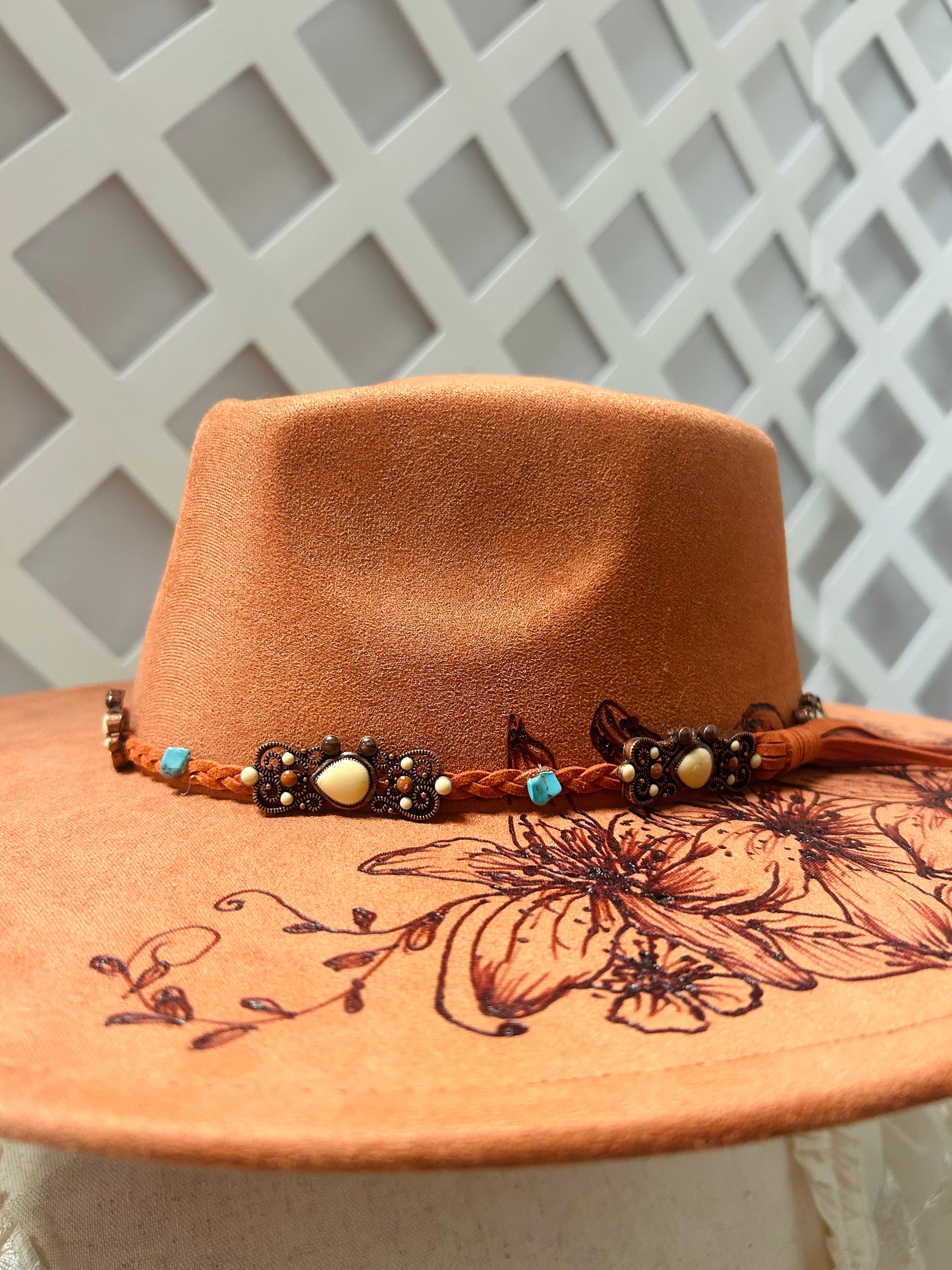 Hand-Burned Floral Western Hat with Turquoise Accent Band
