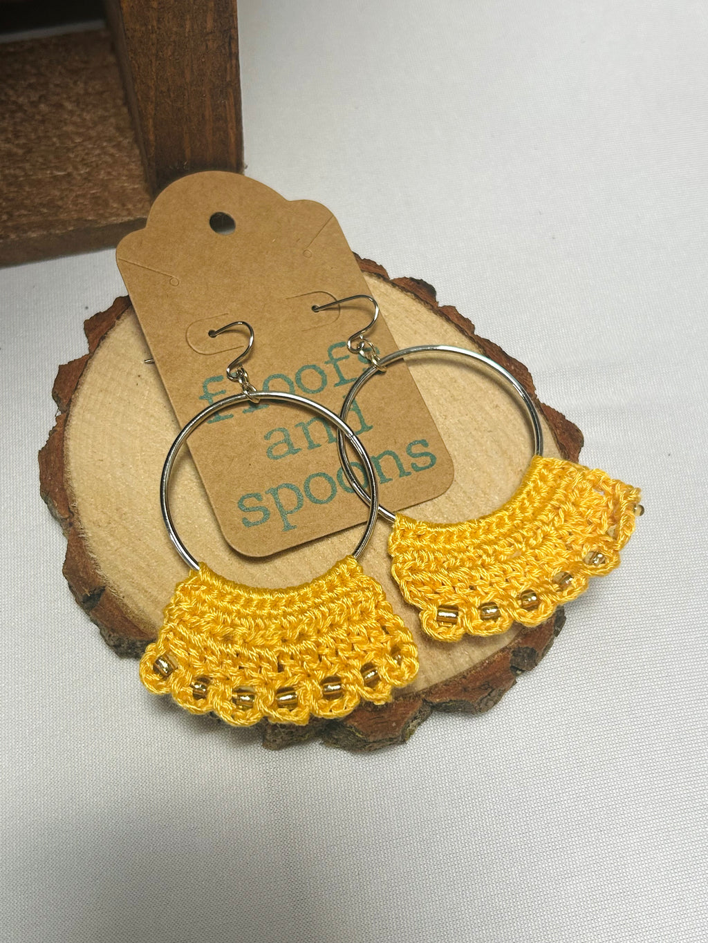 Mustard Yellow Crochet Hoop Earrings with Gold Bead Accents