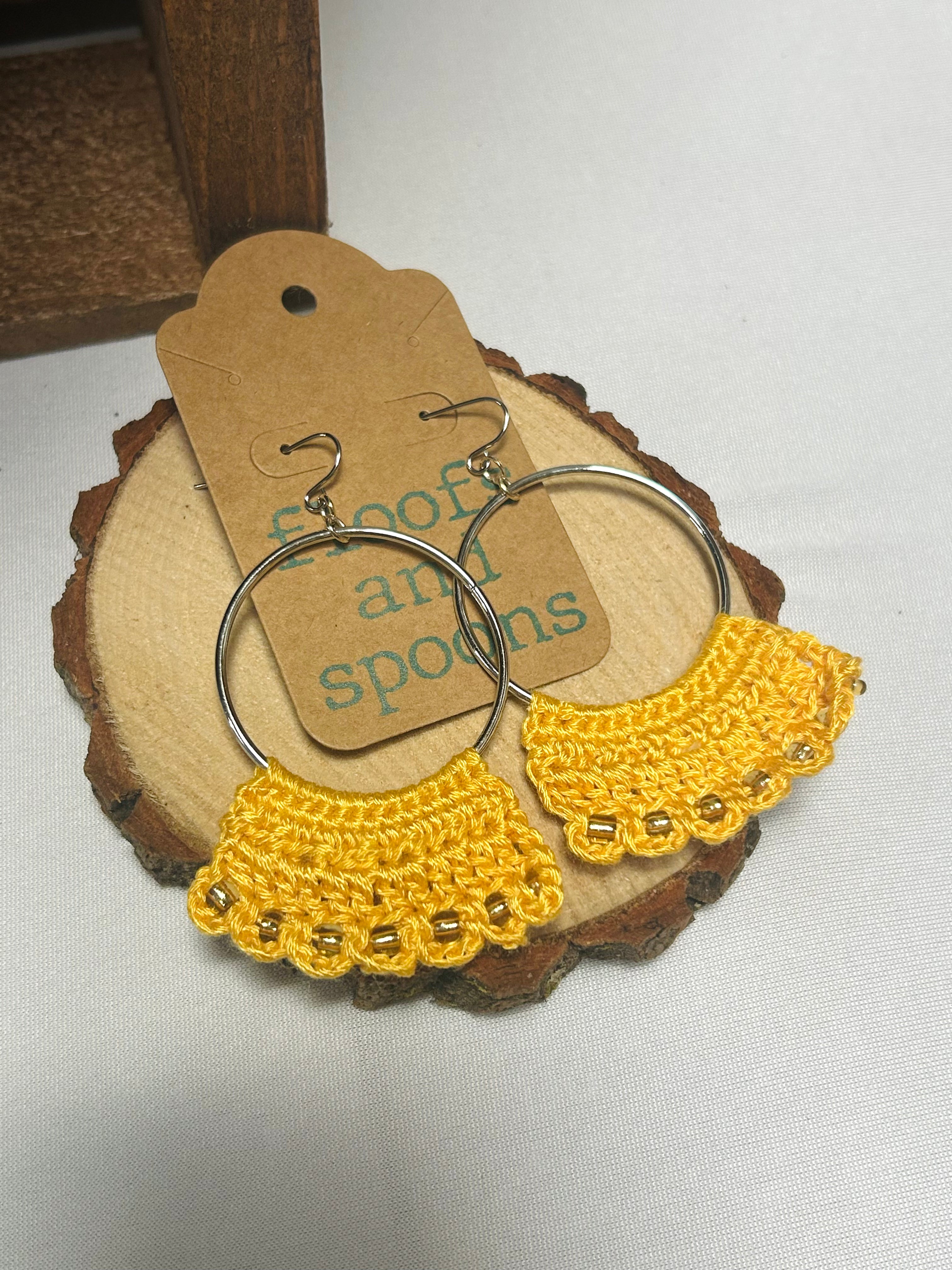 Mustard Yellow Crochet Hoop Earrings with Gold Bead Accents