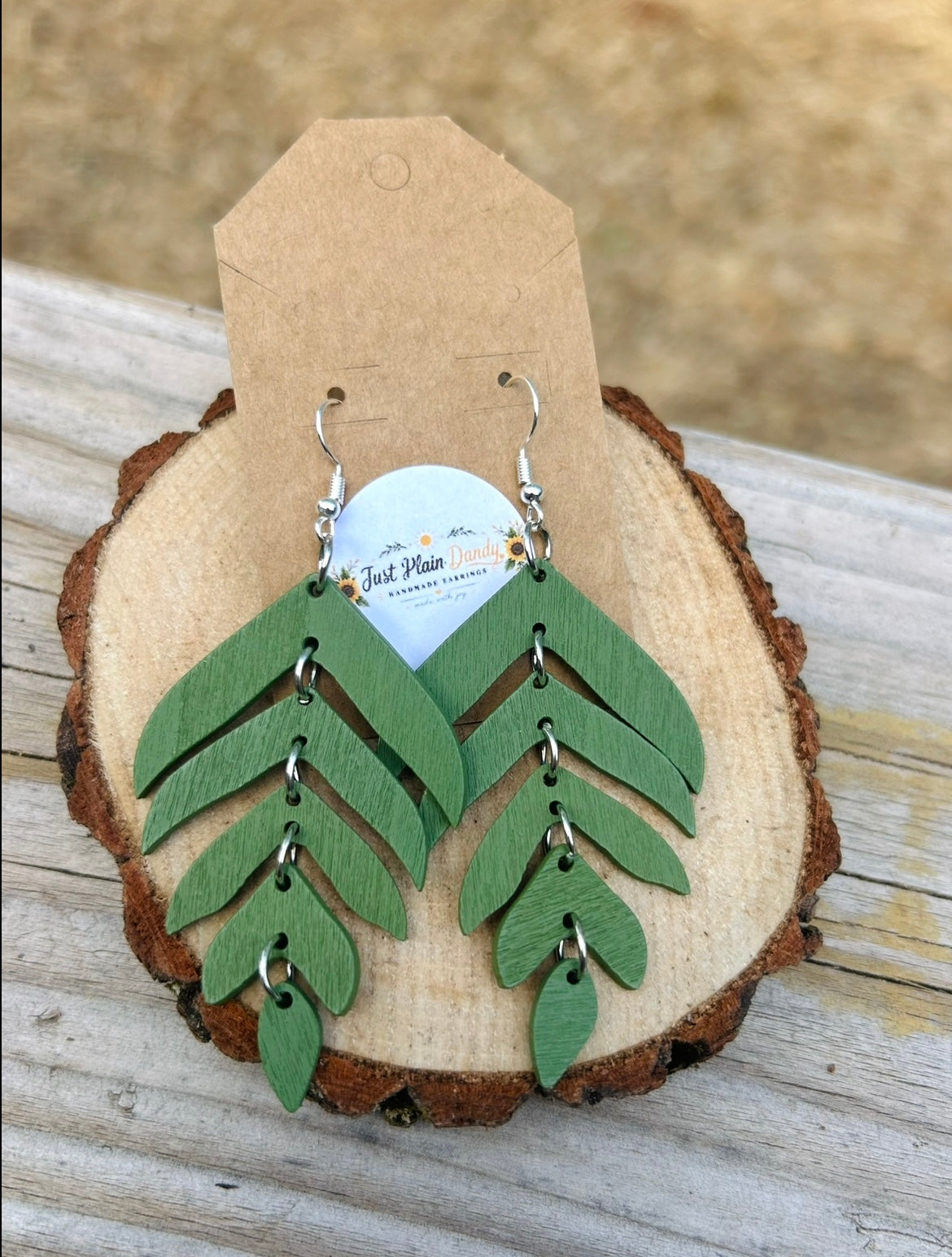 Sage Green Layered Wooden Leaf Dangle Earrings