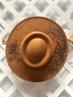 Camel Brown Wide Brim Floral Pyrography Hat with Turquoise Accents