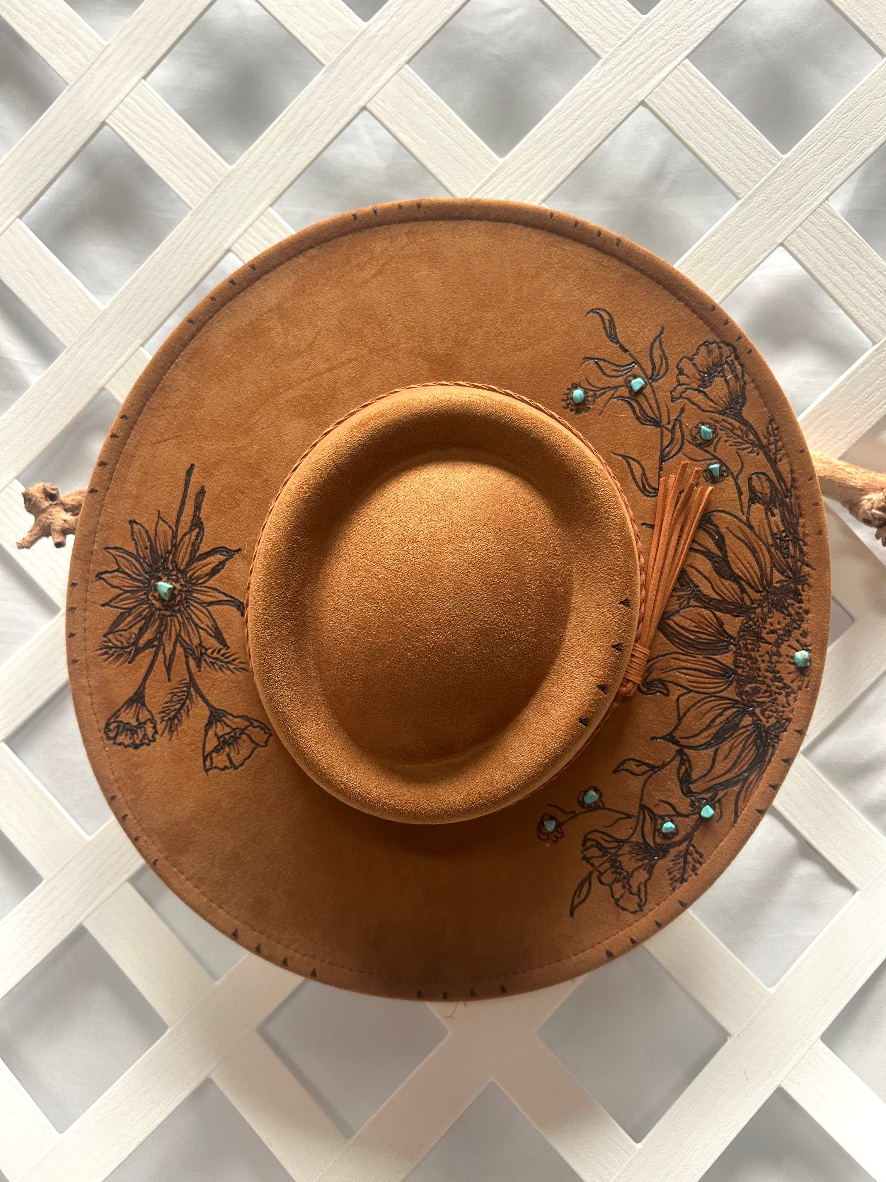 Camel Brown Wide Brim Floral Pyrography Hat with Turquoise Accents