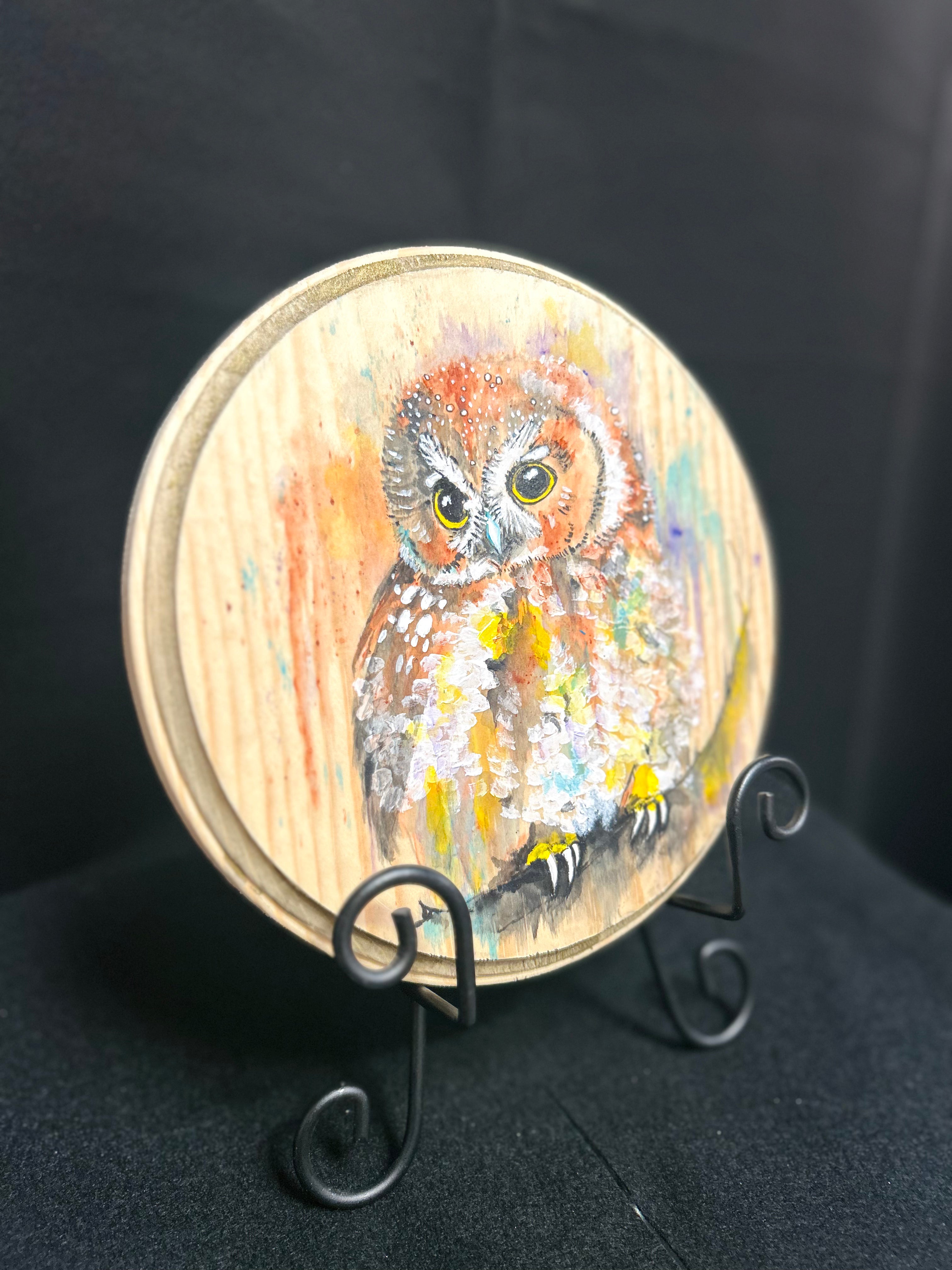 Hand-Painted Owl Wood Slice Wall Art Original Woodland Painting