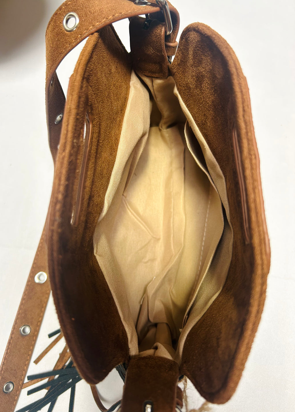 Hand-Burned Sunflower Crossbody Bag with Fringe